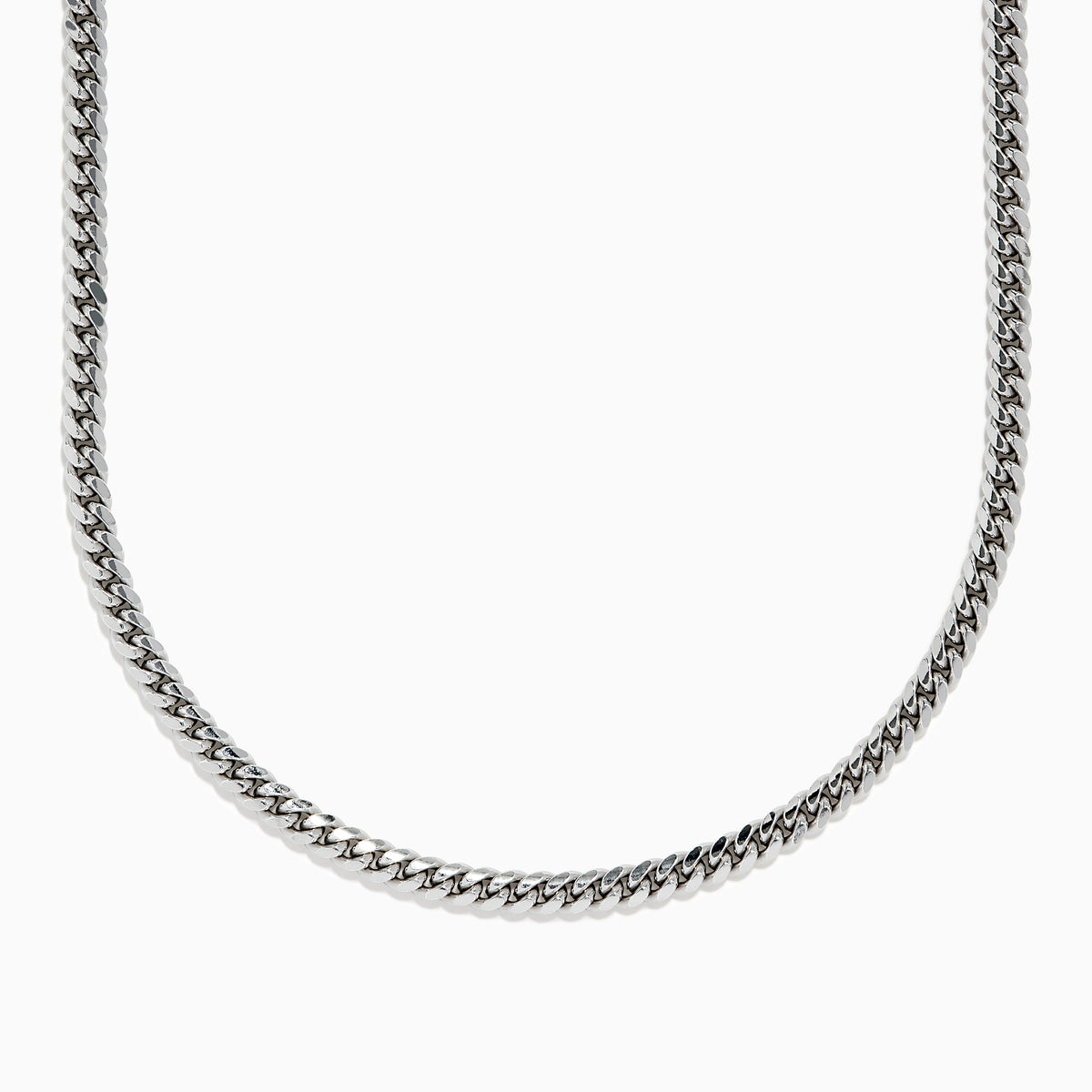 A close-up image of the Mens 925 Sterling Silver Chain in a classic Cuban link design, displayed against a white background with the necklace arranged in a partial U shape.