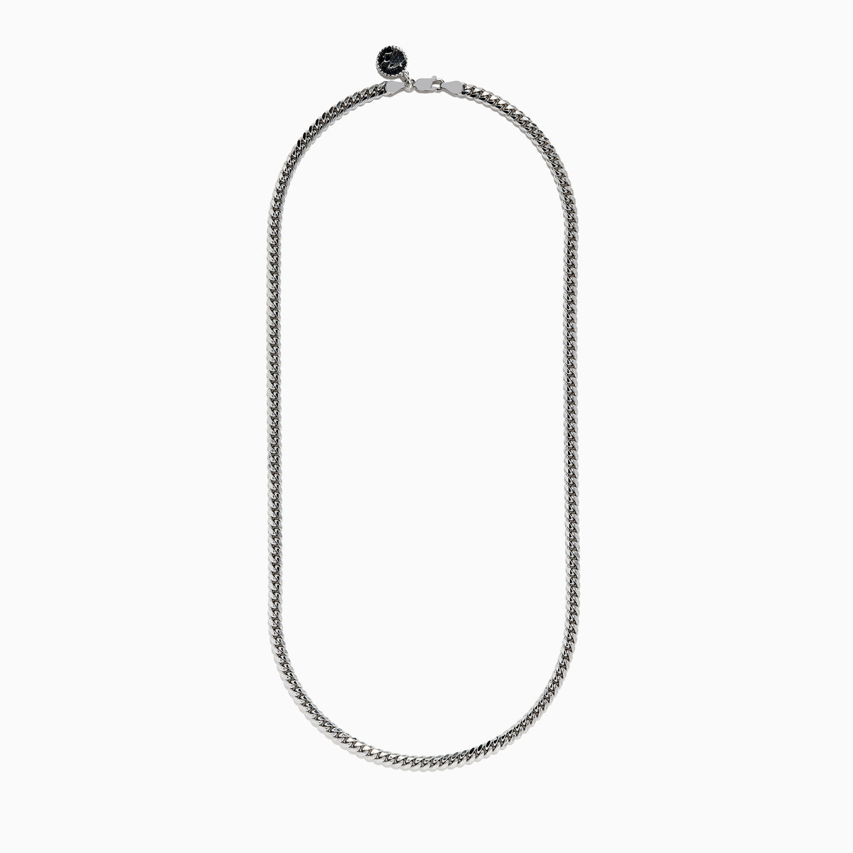 A close-up image of the Mens 925 Sterling Silver Chain in a classic Cuban link design, displayed against a white background with the necklace arranged in a partial U shape.