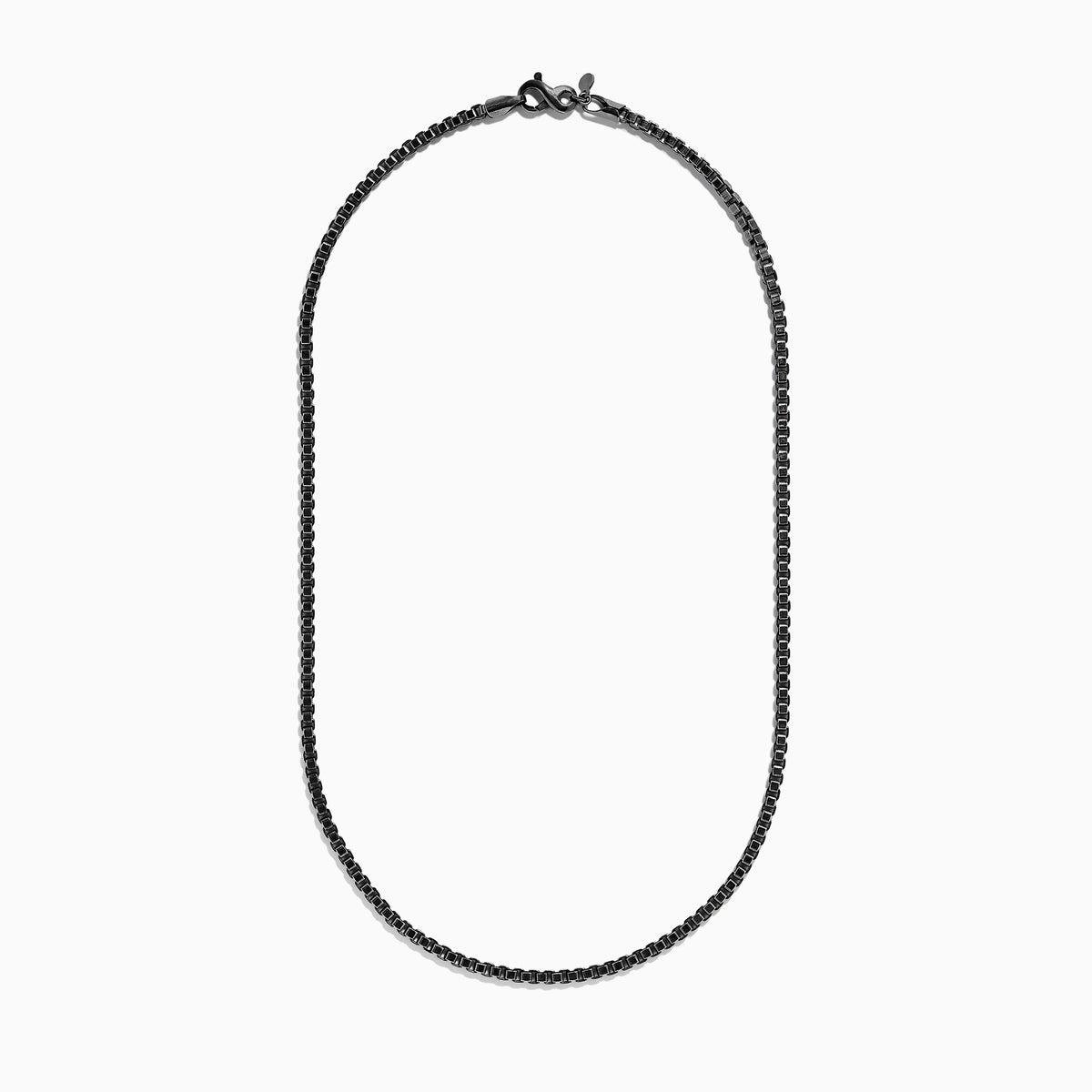 The Mens 925 Sterling Silver Black Rhodium Box Chain Necklace features small, uniform links and a lobster clasp, shown in an oval shape against a plain white background.