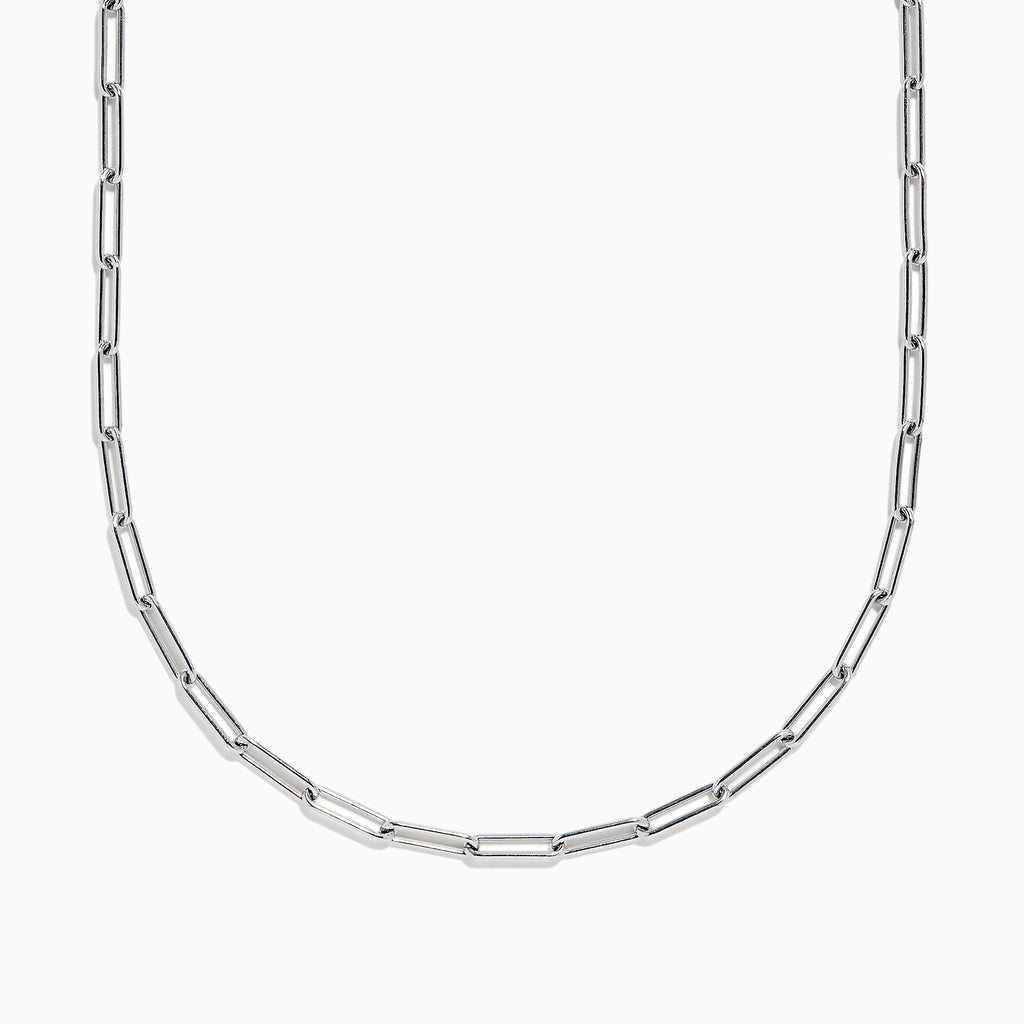 The 925 Sterling Silver Paperclip Chain Necklace, featuring elongated rectangular links, is elegantly displayed in a gentle curve against a white background.