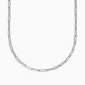 The 925 Sterling Silver Paperclip Chain Necklace, featuring elongated rectangular links, is elegantly displayed in a gentle curve against a white background.