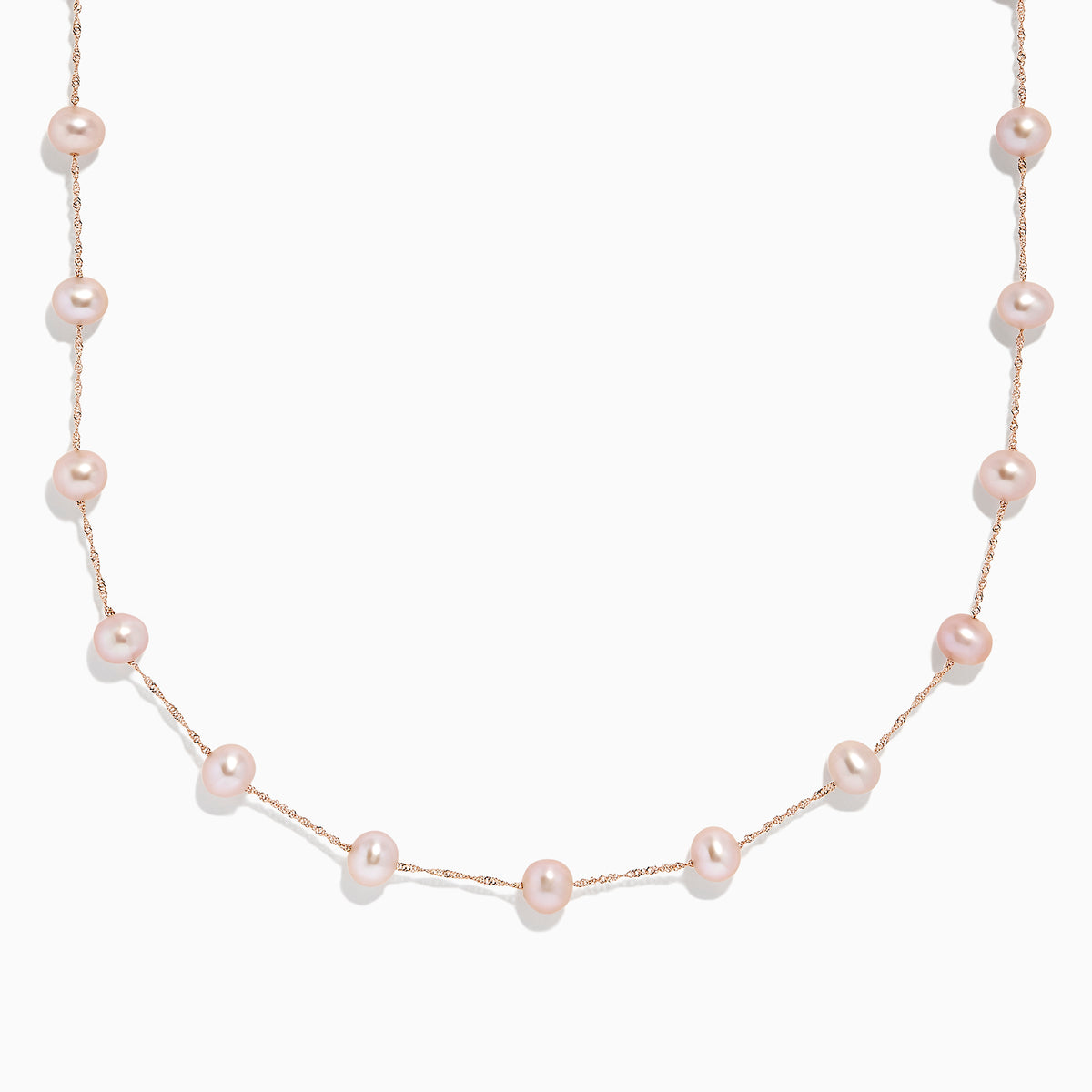 The 14K Rose Gold Cultured Fresh Water Pearl Necklace features delicate, evenly spaced pearls and is displayed against a plain white background.