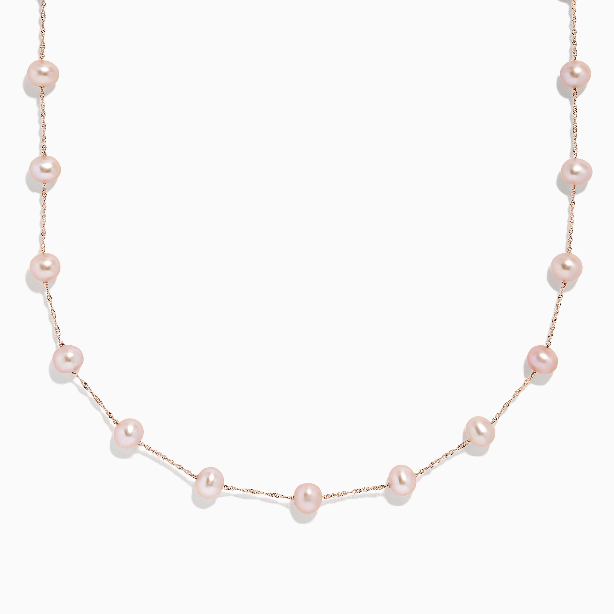The 14K Rose Gold Cultured Fresh Water Pearl Necklace features delicate, evenly spaced pearls and is displayed against a plain white background.