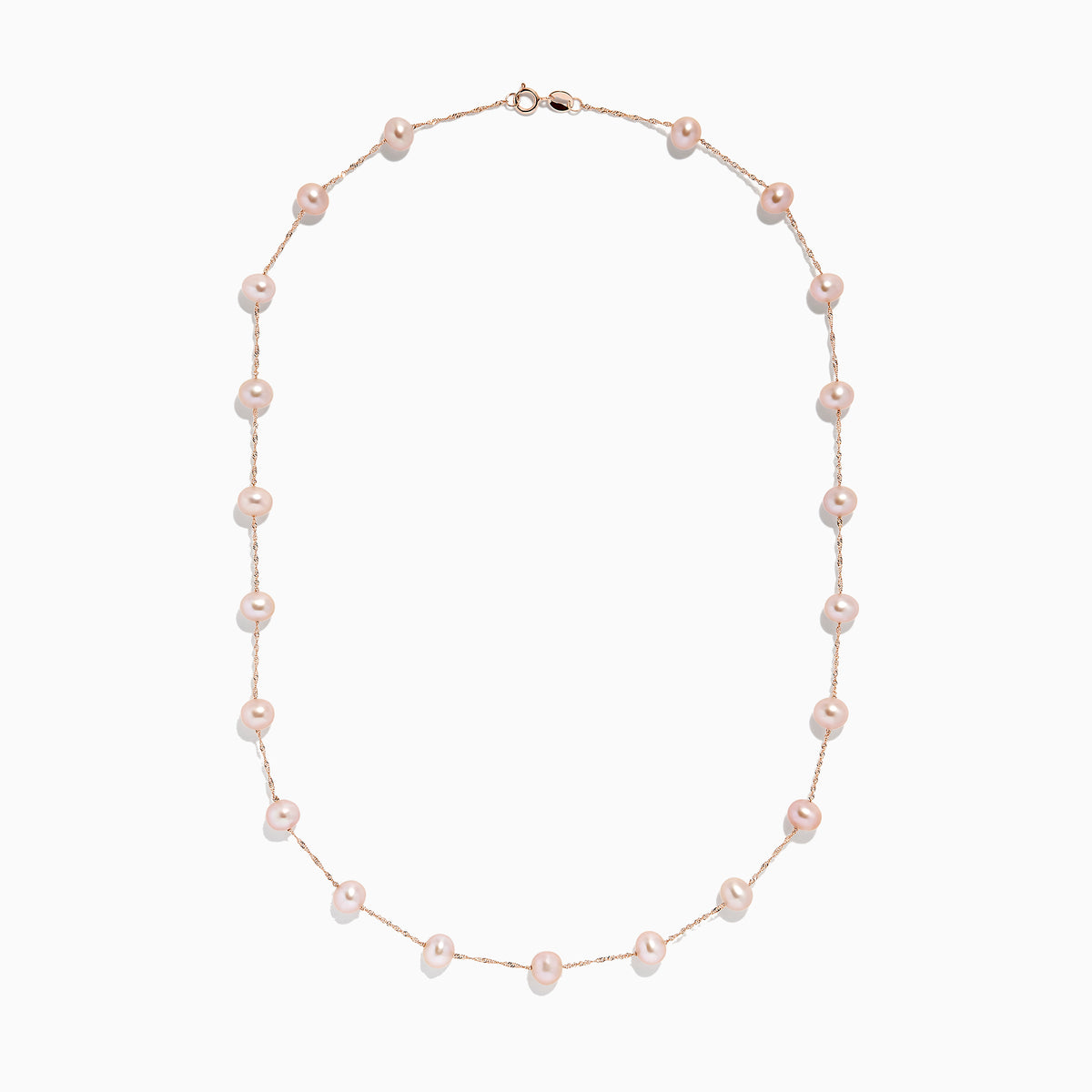 The 14K Rose Gold Cultured Fresh Water Pearl Necklace features delicate, evenly spaced pearls and is displayed against a plain white background.