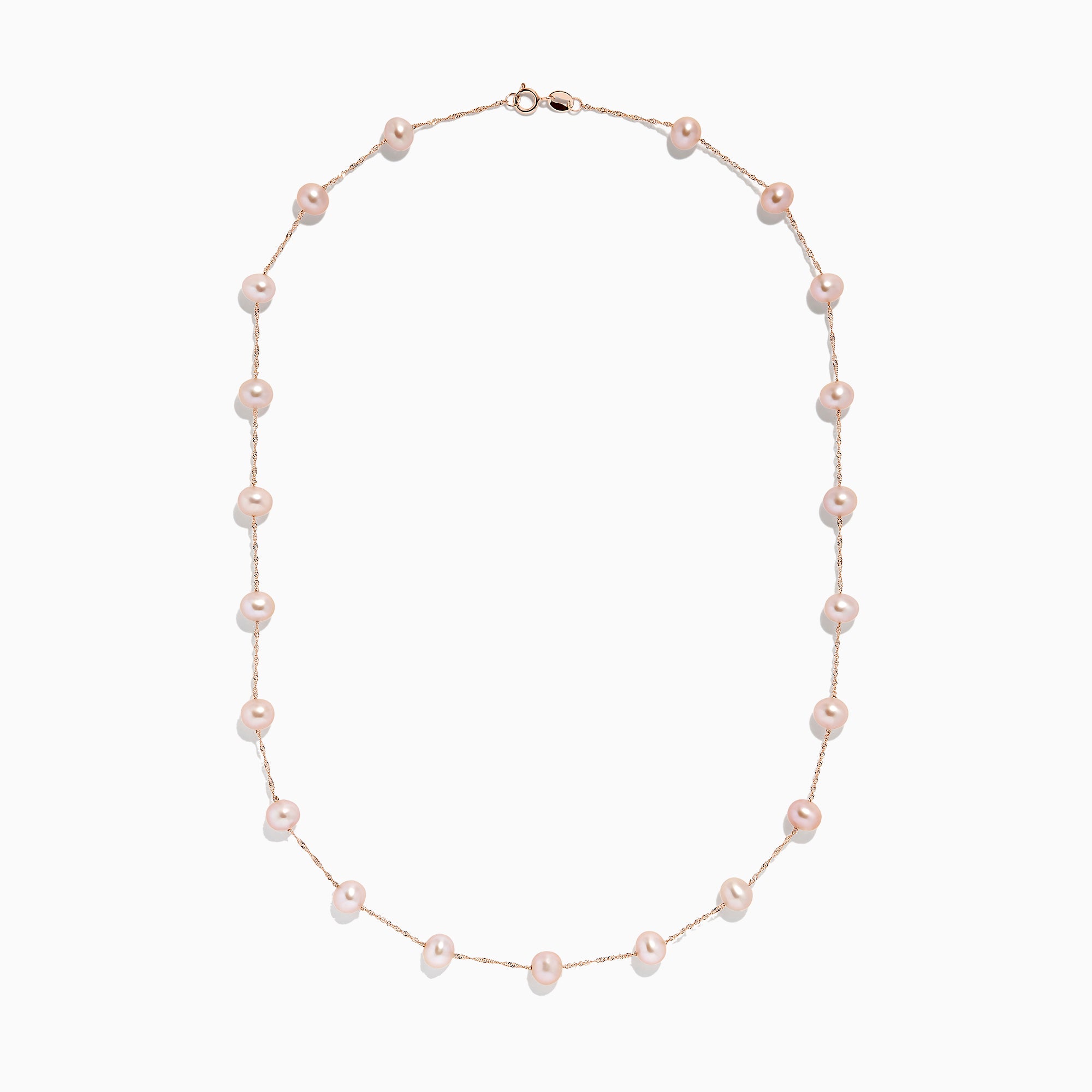 The 14K Rose Gold Cultured Fresh Water Pearl Necklace features delicate, evenly spaced pearls and is displayed against a plain white background.