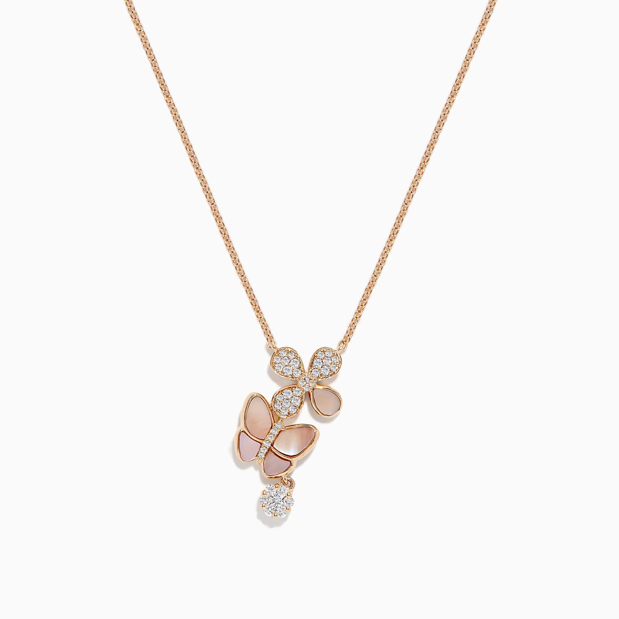 The 14K Rose Gold Mother of Pearl and Diamond Butterfly Necklace, 0.26 TCW, features three butterfly pendants—two with pink enamel, one with crystal accents—and a dangling Mother of Pearl round charm for elegant sparkle.