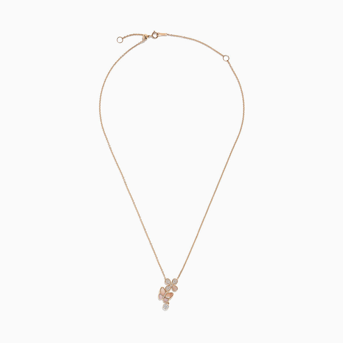 The 14K Rose Gold Mother of Pearl and Diamond Butterfly Necklace, 0.26 TCW, features three butterfly pendants—two with pink enamel, one with crystal accents—and a dangling Mother of Pearl round charm for elegant sparkle.