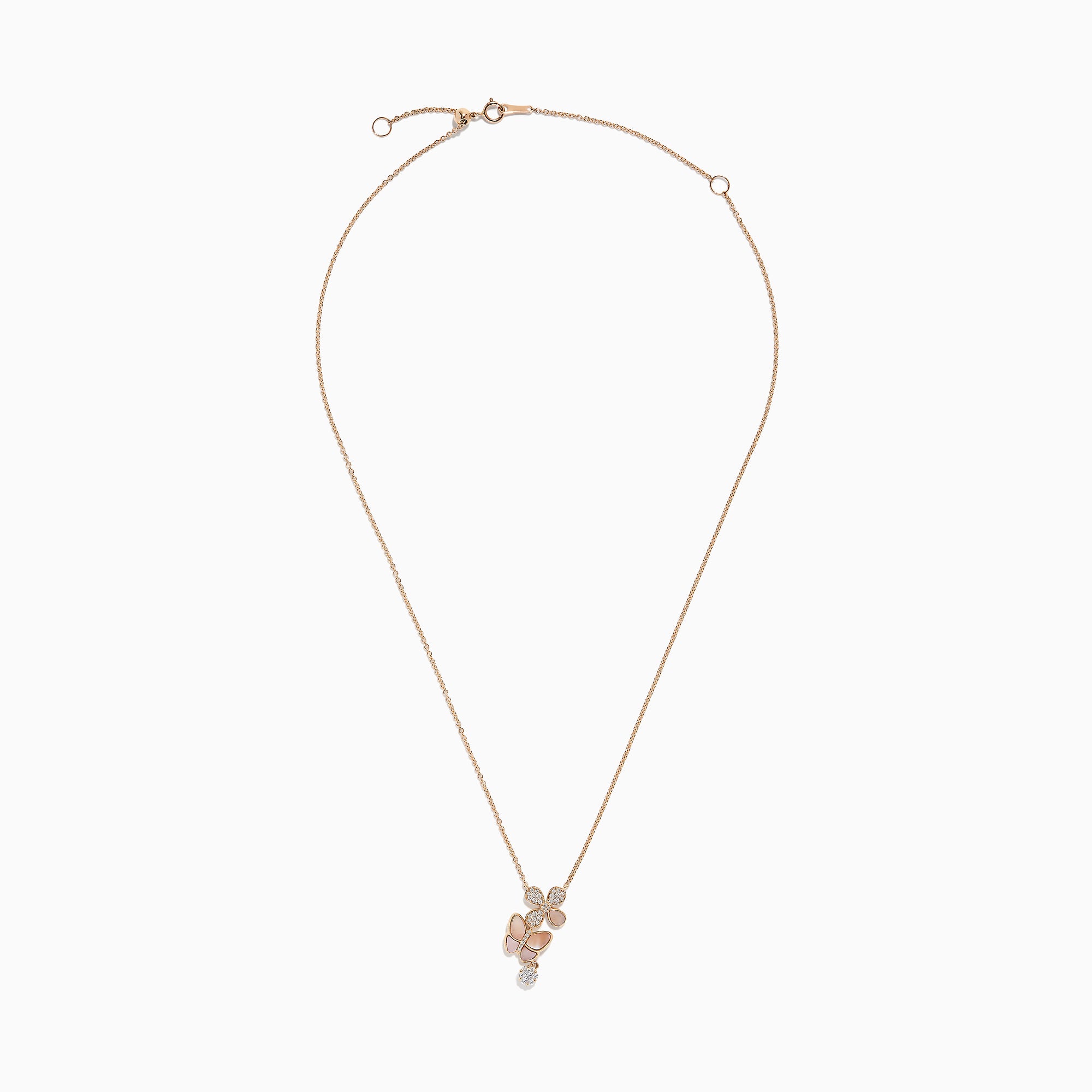 The 14K Rose Gold Mother of Pearl and Diamond Butterfly Necklace, 0.26 TCW, features three butterfly pendants—two with pink enamel, one with crystal accents—and a dangling Mother of Pearl round charm for elegant sparkle.