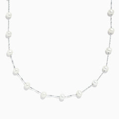 The 14K White Gold Cultured Fresh Water Pearl Necklace features evenly spaced small pearls on a delicate chain, shown against a plain white background.