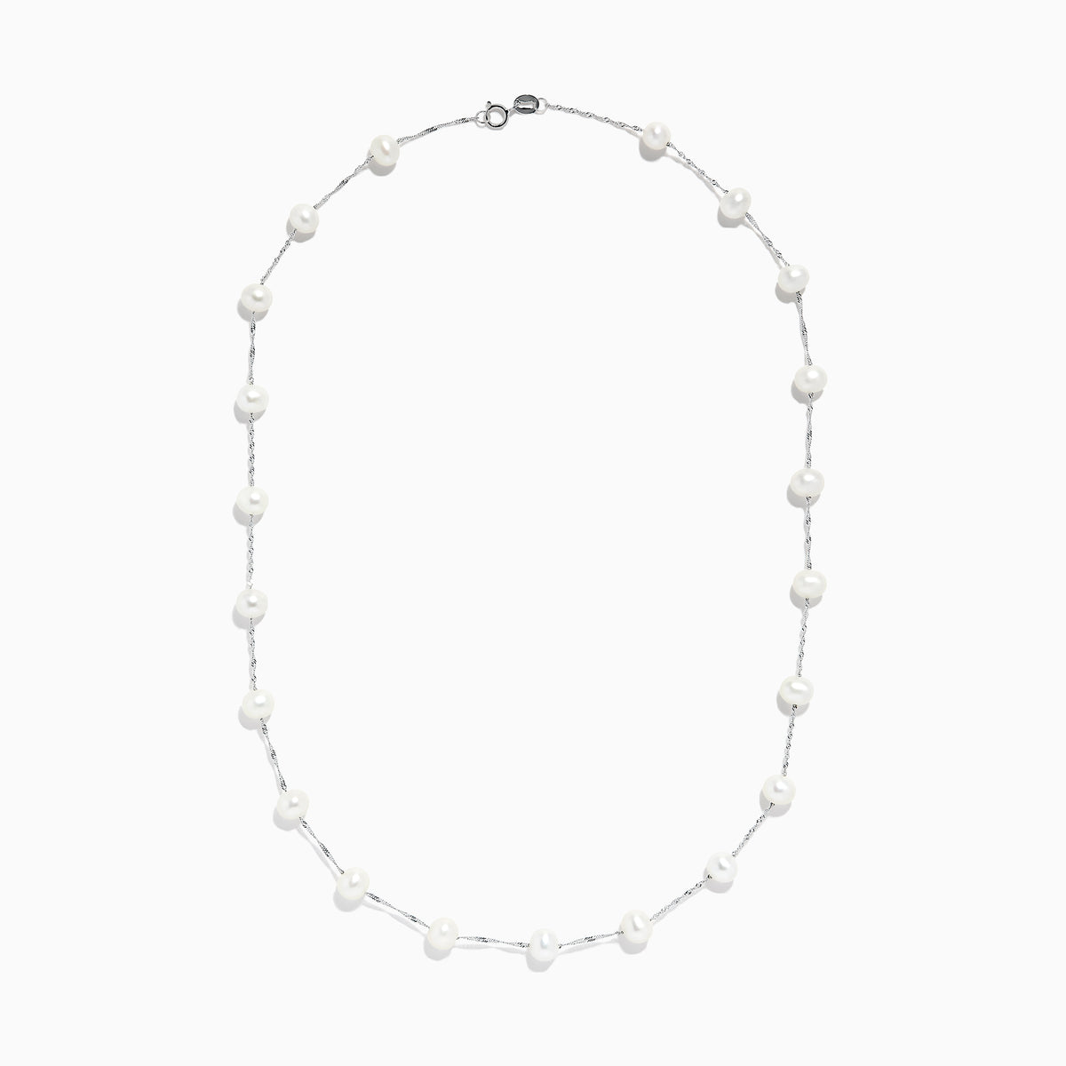 The 14K White Gold Cultured Fresh Water Pearl Necklace features evenly spaced small pearls on a delicate chain, shown against a plain white background.