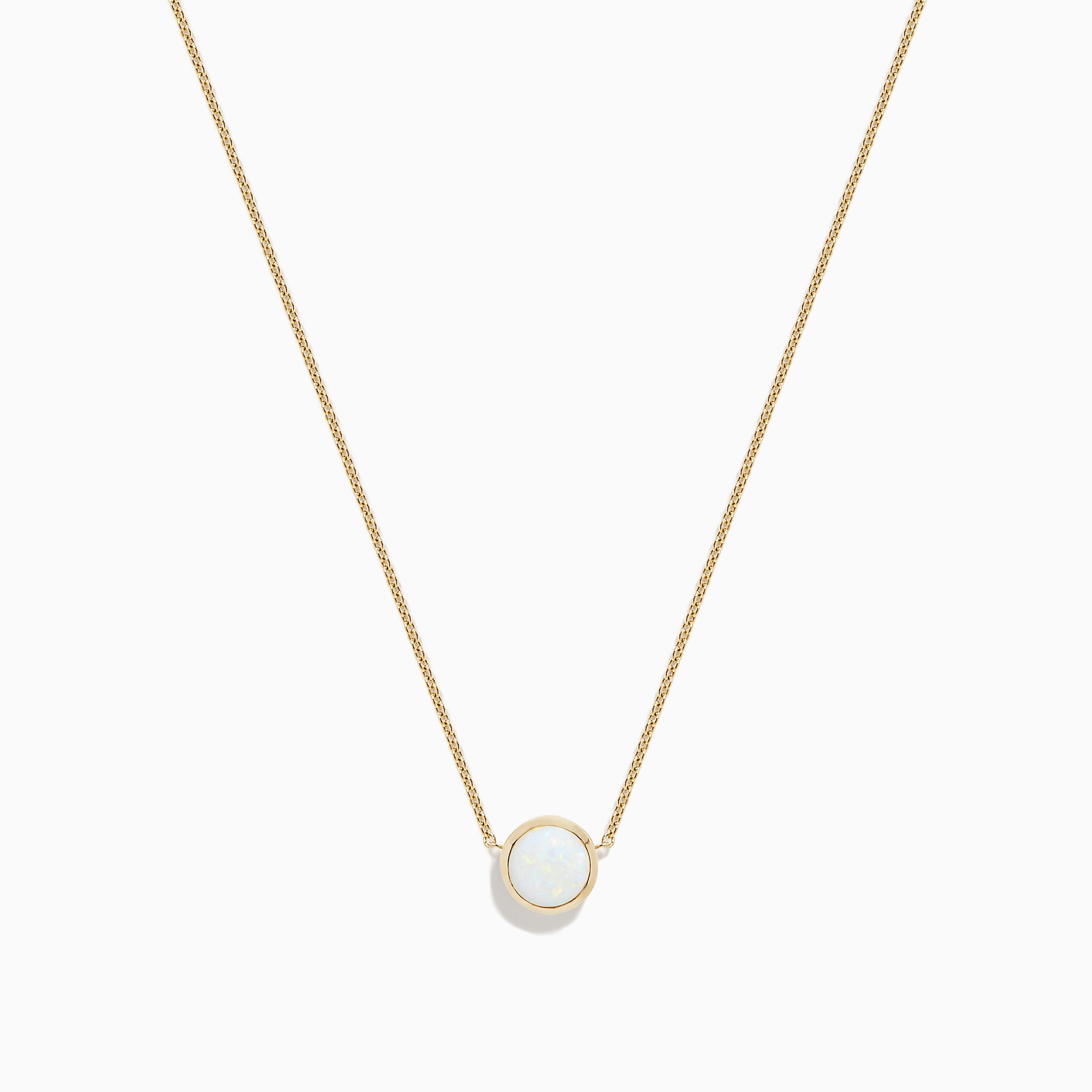 The Aurora 14K Yellow Gold Bezel Set Opal Necklace (0.55 TCW) features a round white opal pendant on a delicate gold chain—an elegant piece from the Effy Aurora collection.
