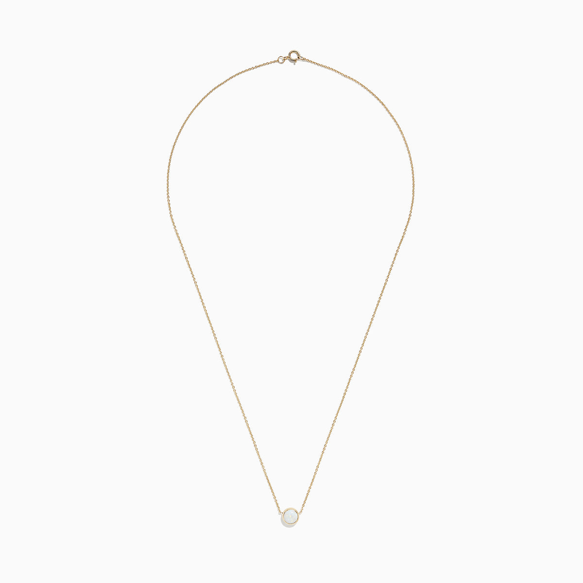 The Aurora 14K Yellow Gold Bezel Set Opal Necklace (0.55 TCW) features a round white opal pendant on a delicate gold chain—an elegant piece from the Effy Aurora collection.