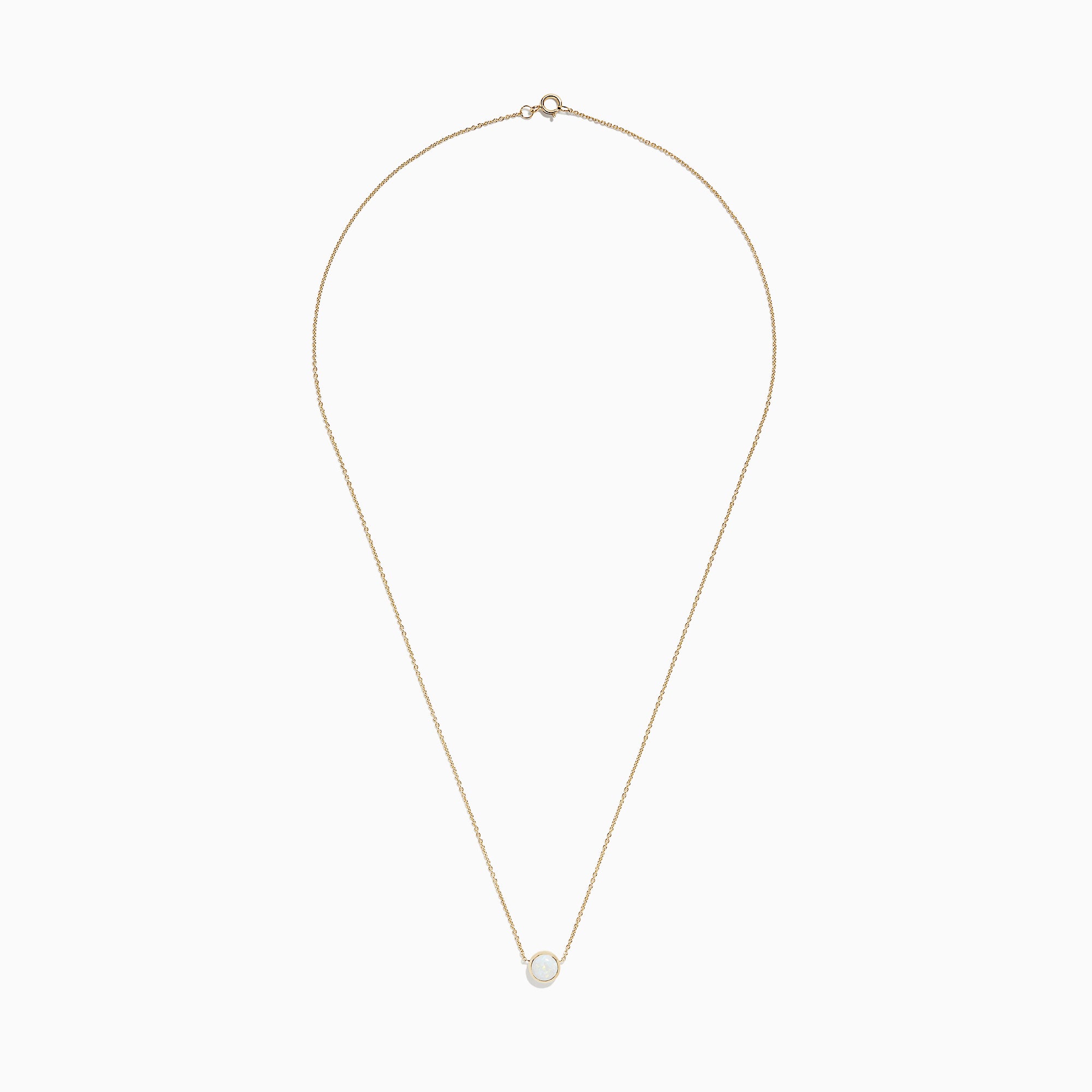 The Aurora 14K Yellow Gold Bezel Set Opal Necklace (0.55 TCW) features a round white opal pendant on a delicate gold chain—an elegant piece from the Effy Aurora collection.
