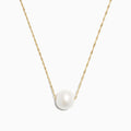 The 14K Yellow Gold Cultured Fresh Water Pearl Necklace features a single round freshwater pearl centered on a delicate gold chain, shown against a plain white background.