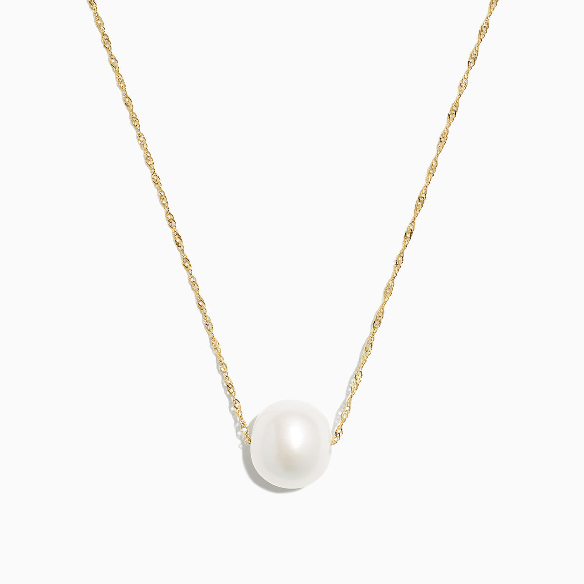 The 14K Yellow Gold Cultured Fresh Water Pearl Necklace features a single round freshwater pearl centered on a delicate gold chain, shown against a plain white background.