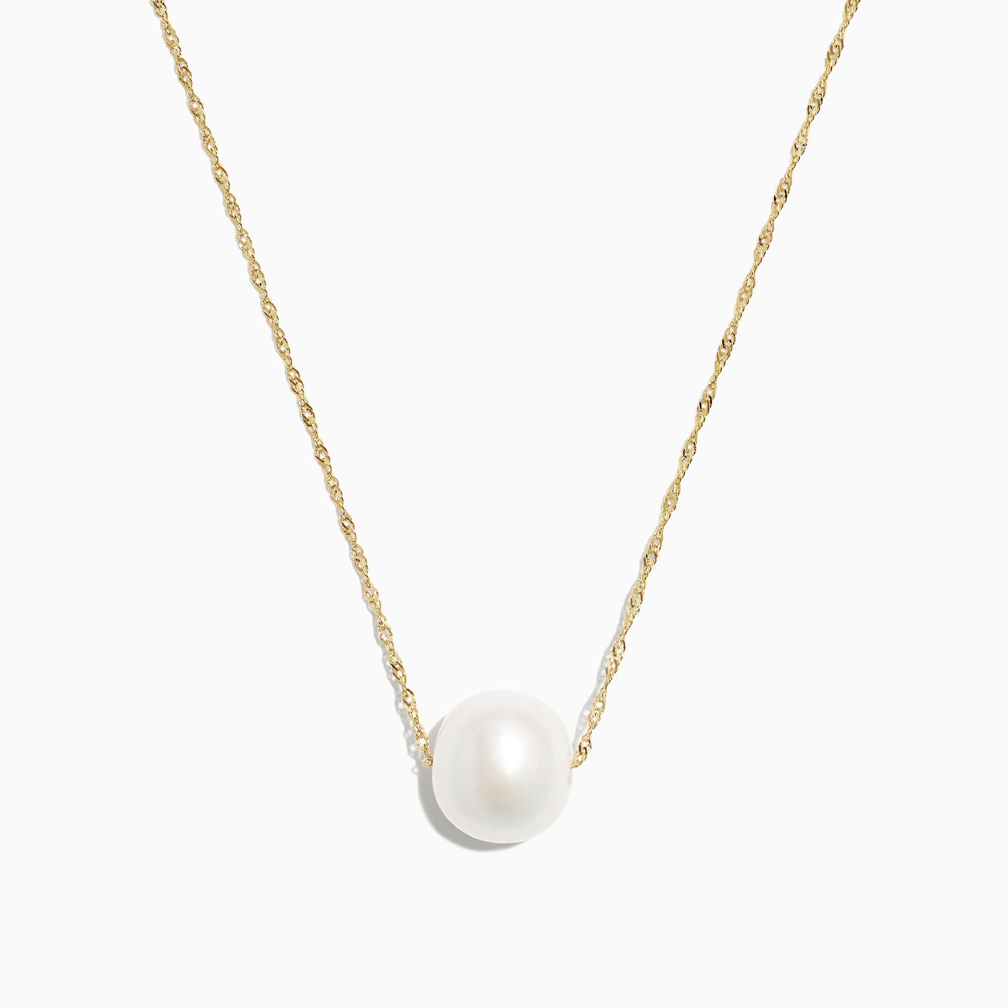 The 14K Yellow Gold Cultured Fresh Water Pearl Necklace features a single round freshwater pearl centered on a delicate gold chain, shown against a plain white background.