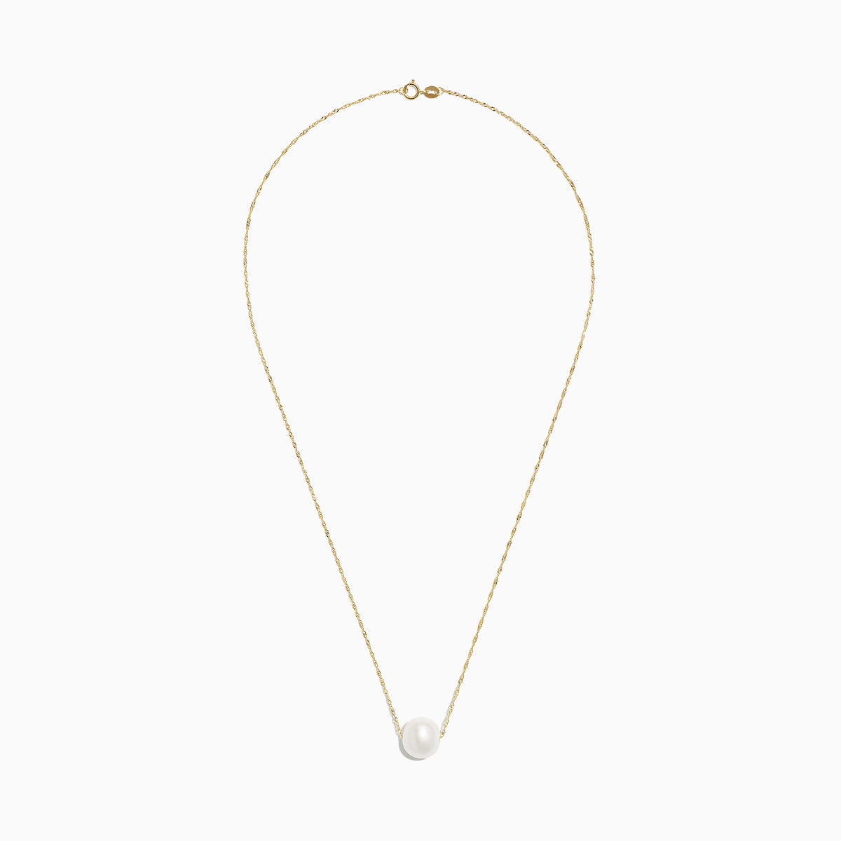 The 14K Yellow Gold Cultured Fresh Water Pearl Necklace features a single round freshwater pearl centered on a delicate gold chain, shown against a plain white background.