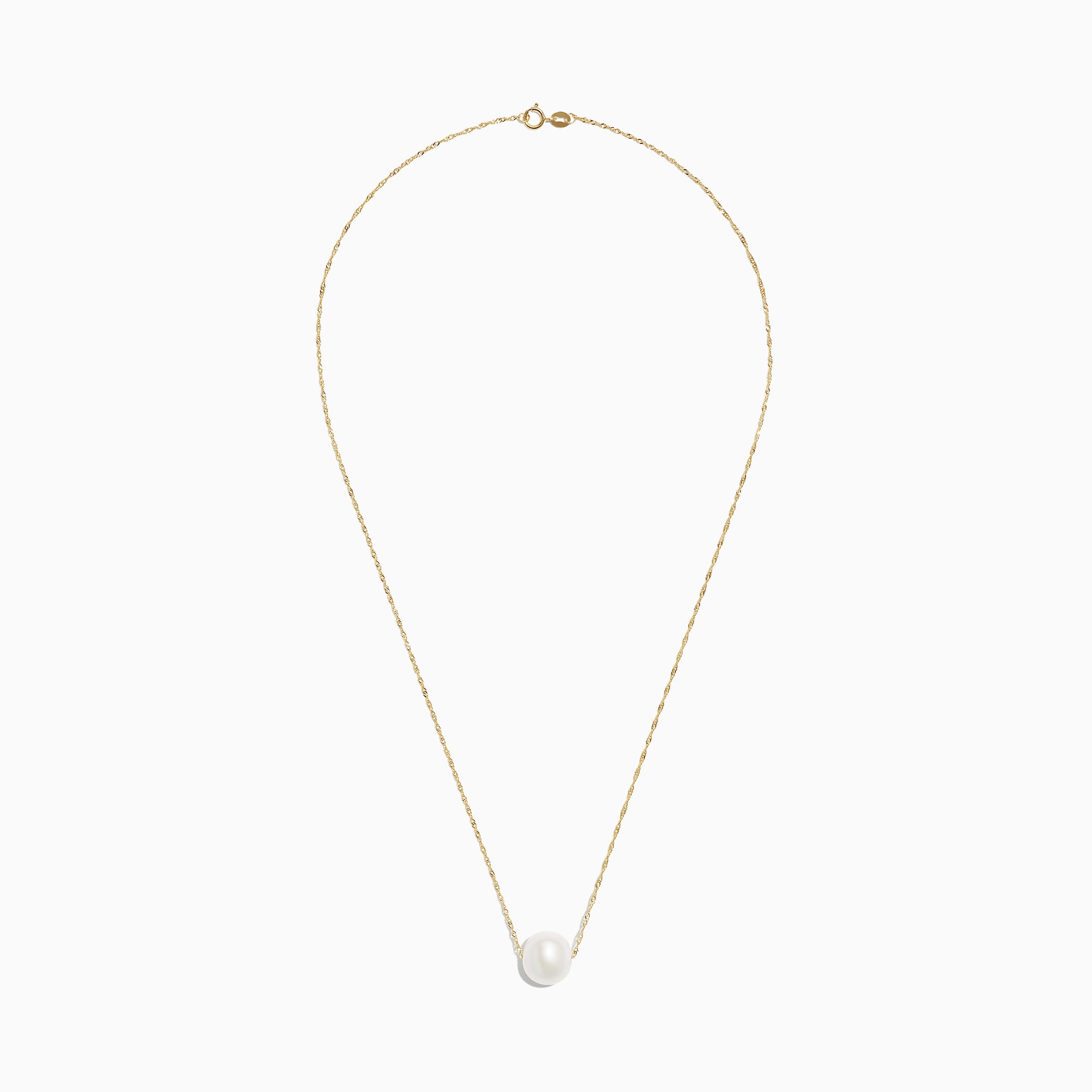 The 14K Yellow Gold Cultured Fresh Water Pearl Necklace features a single round freshwater pearl centered on a delicate gold chain, shown against a plain white background.