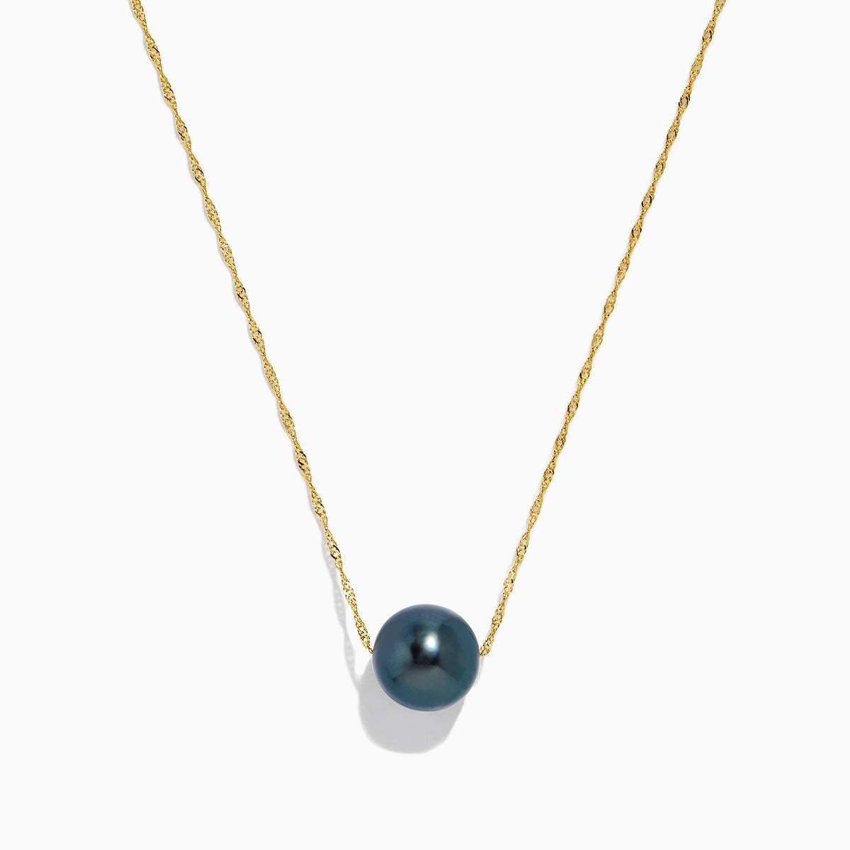 The 14K Yellow Gold Tahitian Pearl Necklace features a twisted gold chain and a single round black pearl centerpiece, elegantly displayed against a white background.