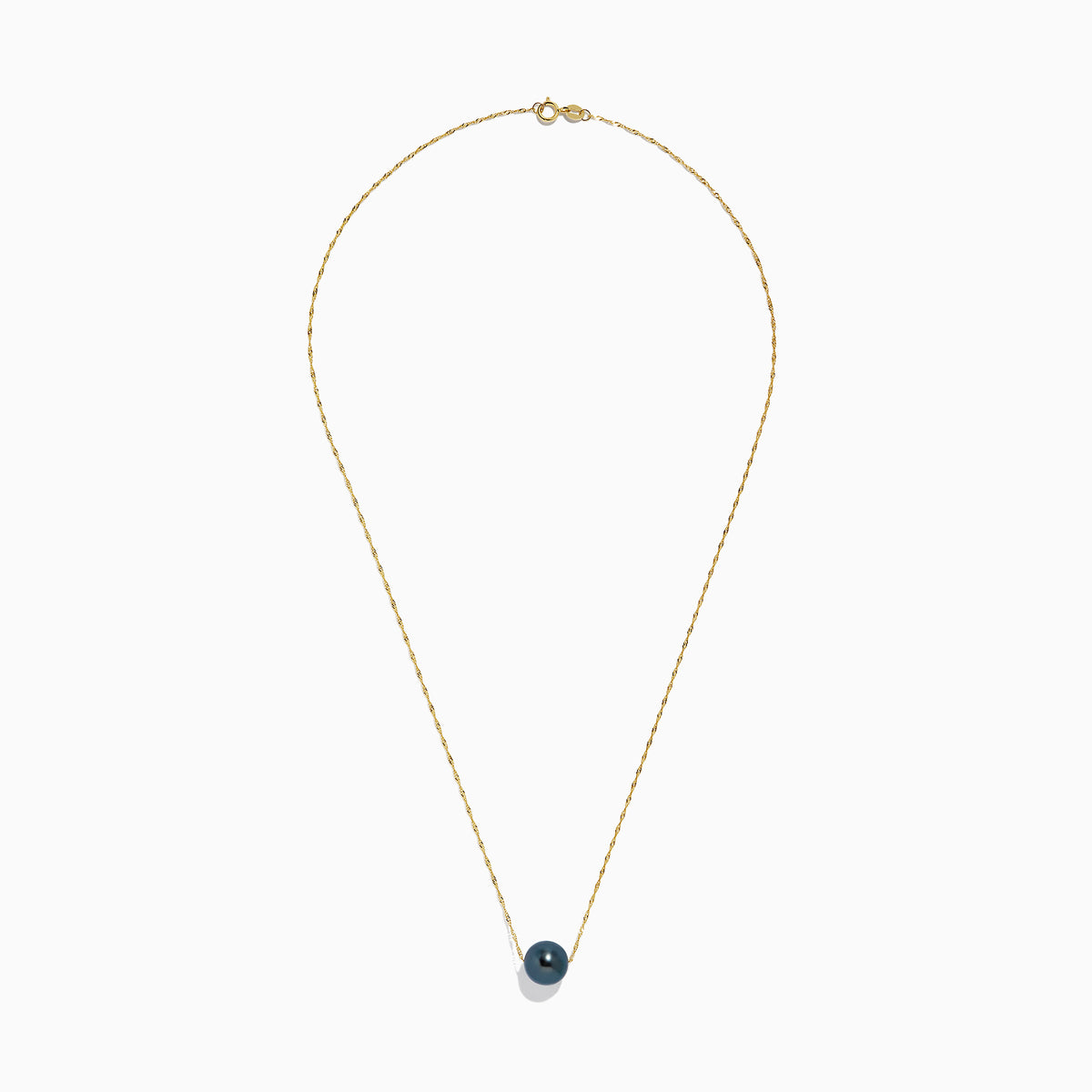 The 14K Yellow Gold Tahitian Pearl Necklace features a twisted gold chain and a single round black pearl centerpiece, elegantly displayed against a white background.