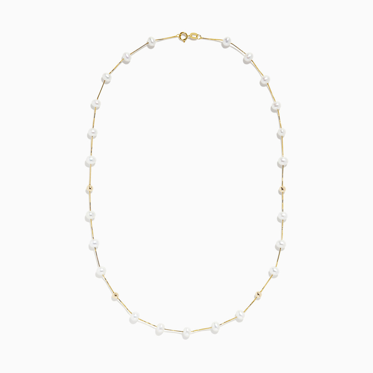 The 14K Yellow Gold Freshwater Pearl Necklace features small white pearls and gold beads arranged alternately along a delicate yellow gold chain, offering a simple yet elegant design in classic Effy style.