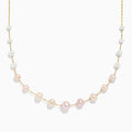 The 14K Yellow Gold Multi Color Pearl Necklace features alternating white and light pink pearls along the chain, shown on a plain white background.