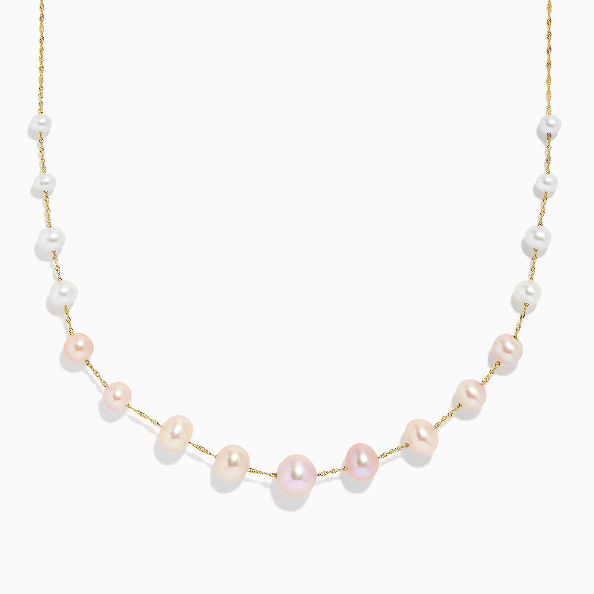 The 14K Yellow Gold Multi Color Pearl Necklace features alternating white and light pink pearls along the chain, shown on a plain white background.