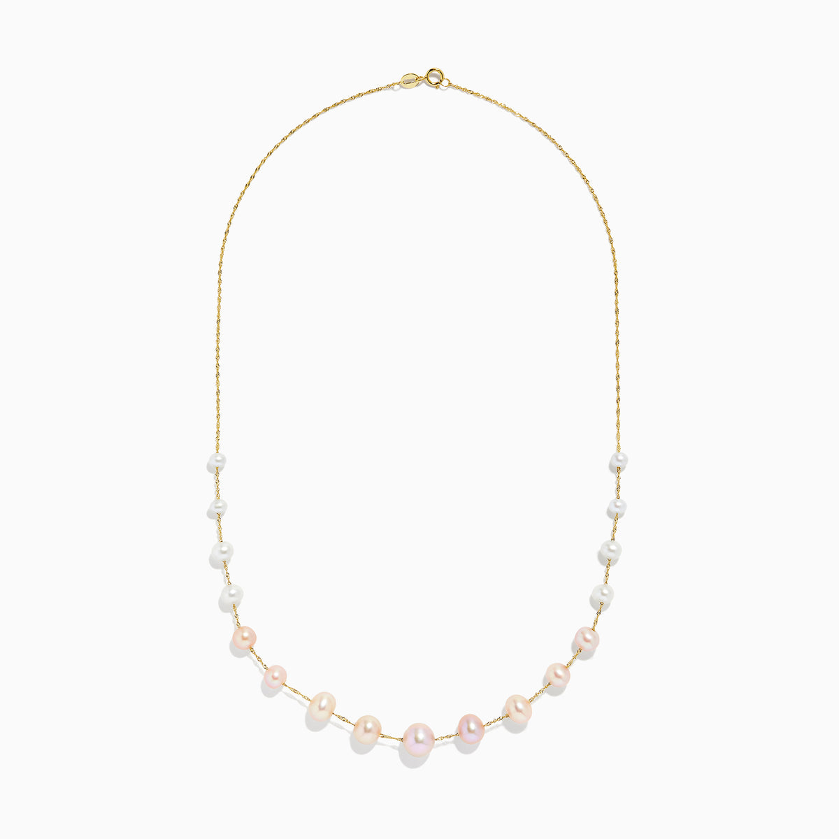 The 14K Yellow Gold Multi Color Pearl Necklace by Effy Jewelry features a delicate yellow gold chain adorned with alternating white and light pink pearls along the lower half, finished with a simple clasp.