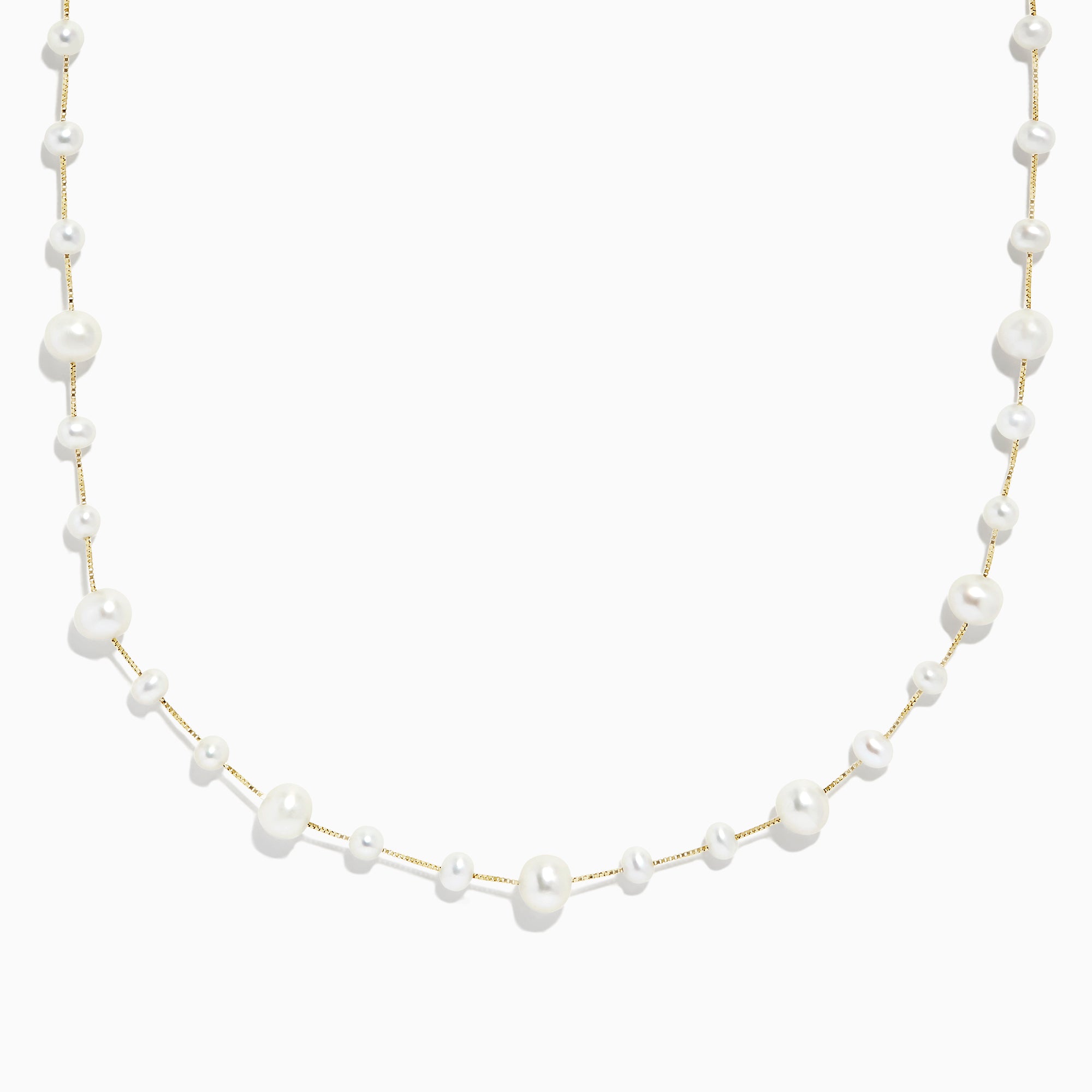 The 14K Yellow Gold Cultured Fresh Water Pearl Necklace by Effy features spaced irregular pearls on a delicate gold chain, shown on a white background.