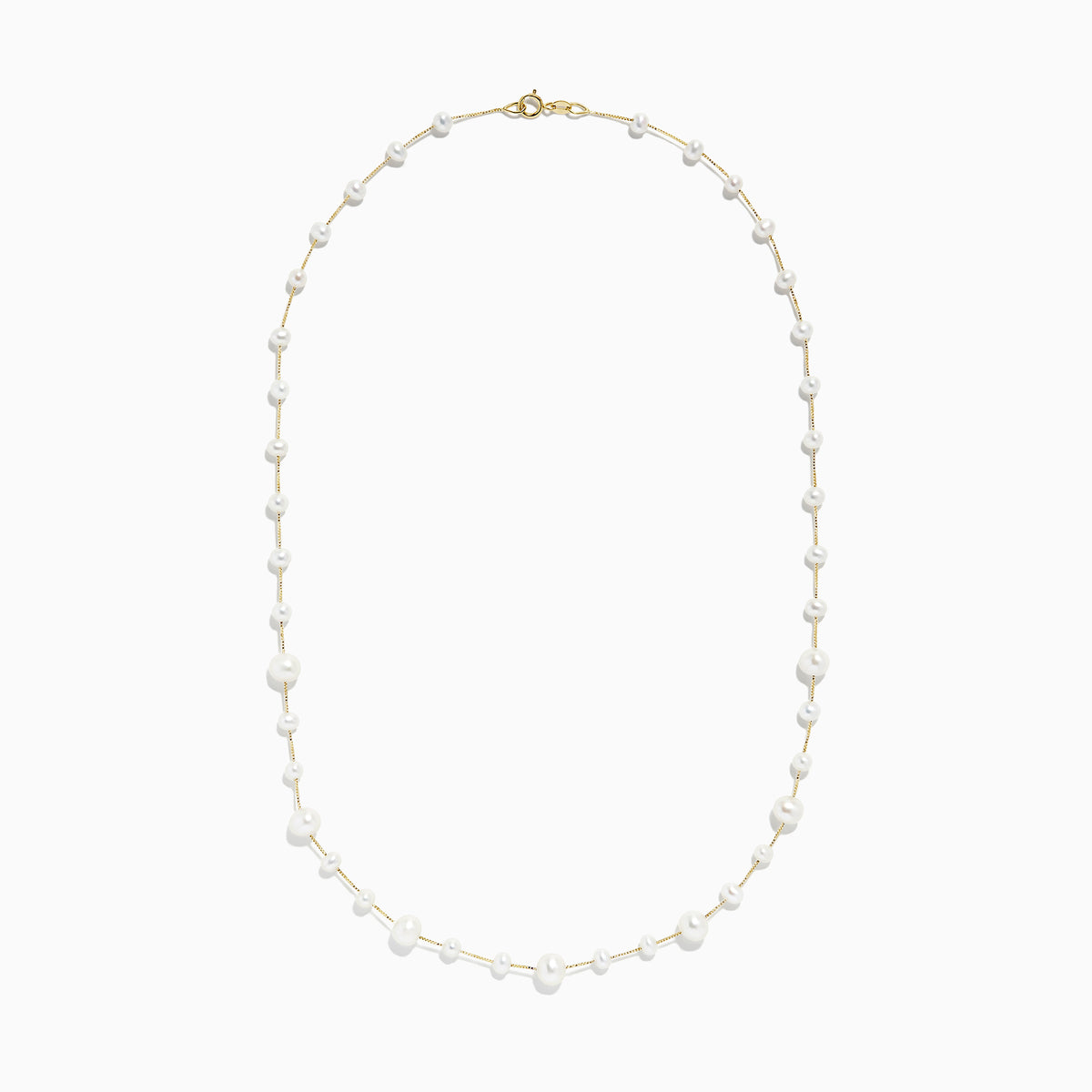 The 14K Yellow Gold Cultured Fresh Water Pearl Necklace features small freshwater pearls and gold accents, evenly arranged along a fine 14K gold chain with a polished gold clasp.