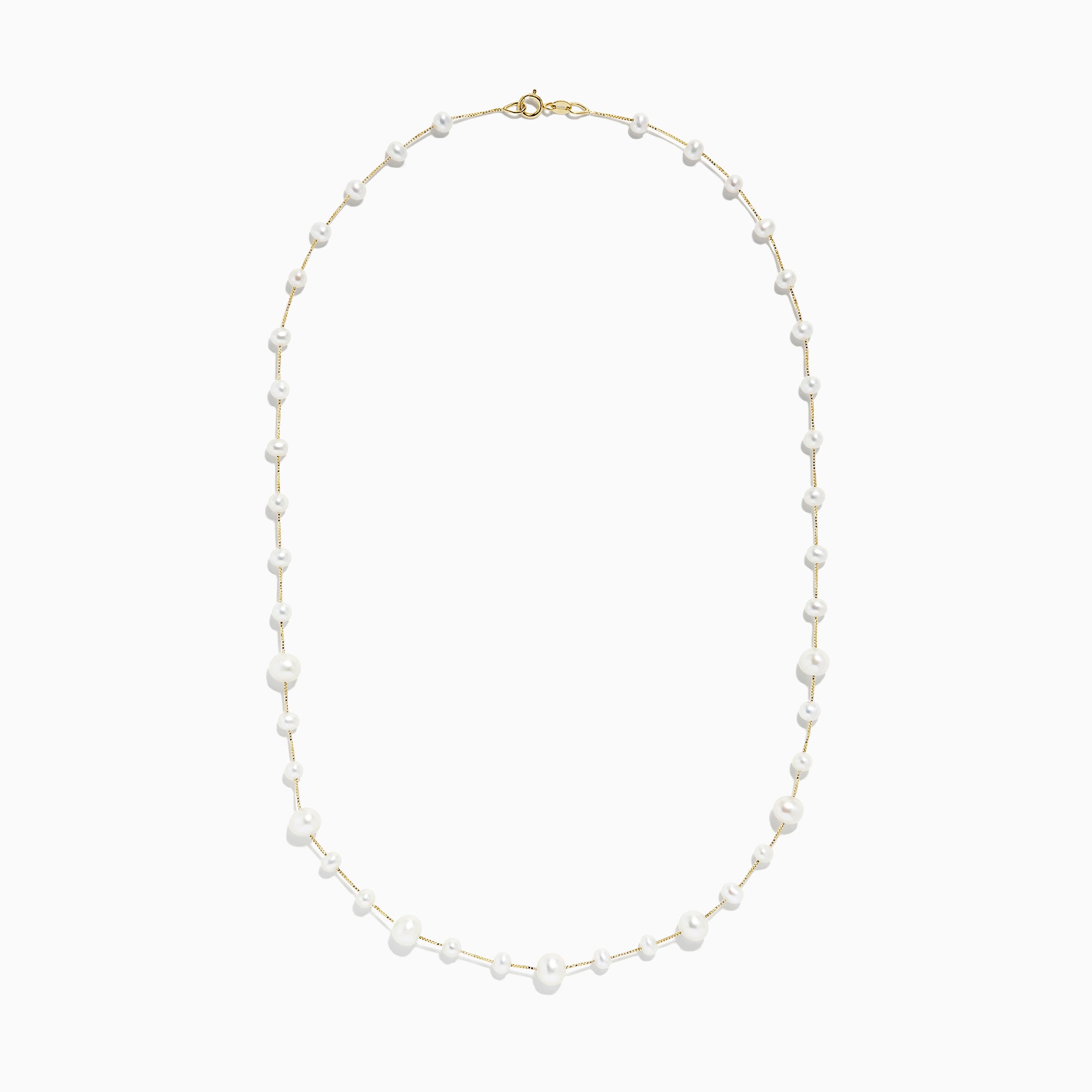 The 14K Yellow Gold Cultured Fresh Water Pearl Necklace features small freshwater pearls and gold accents, evenly arranged along a fine 14K gold chain with a polished gold clasp.