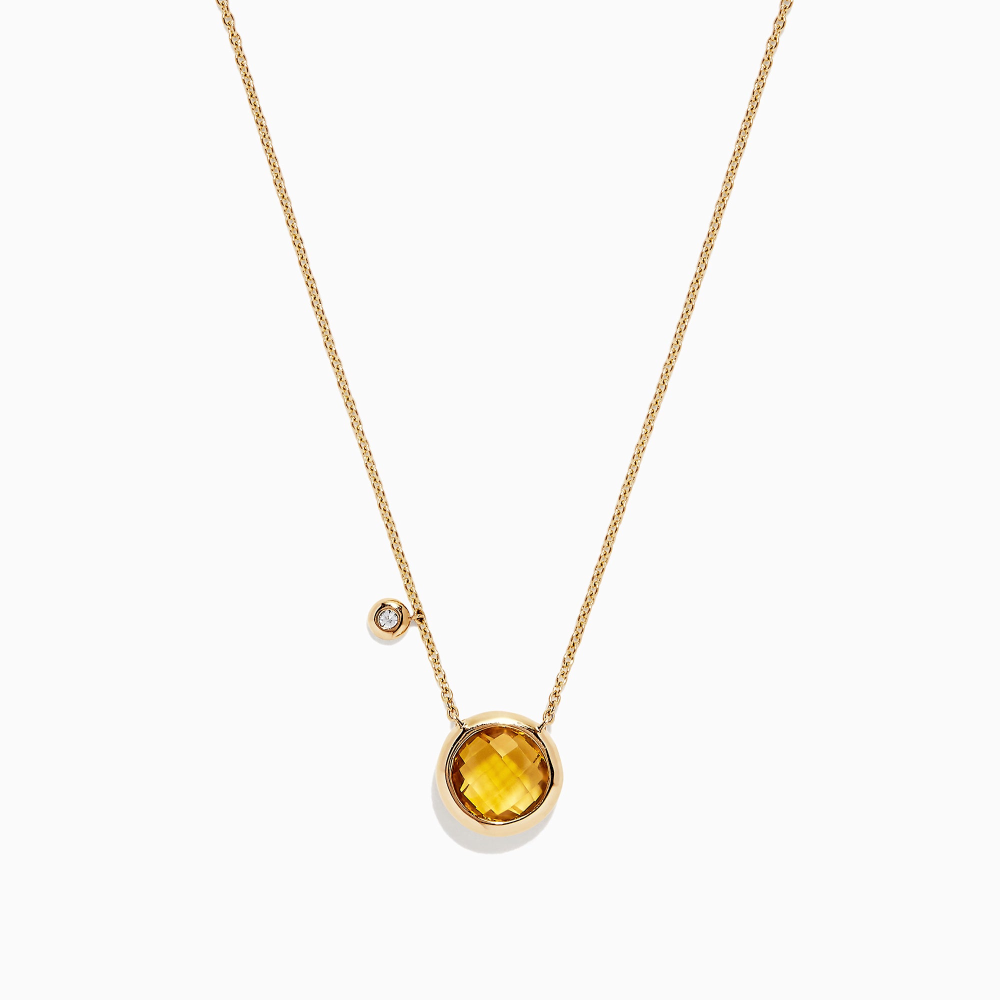 The Sunset 14K Yellow Gold Citrine & Diamond Bolo Chain Necklace (1.53 TCW) features a round citrine pendant accented by a small diamond and is elegantly suspended from a delicate, adjustable gold chain.