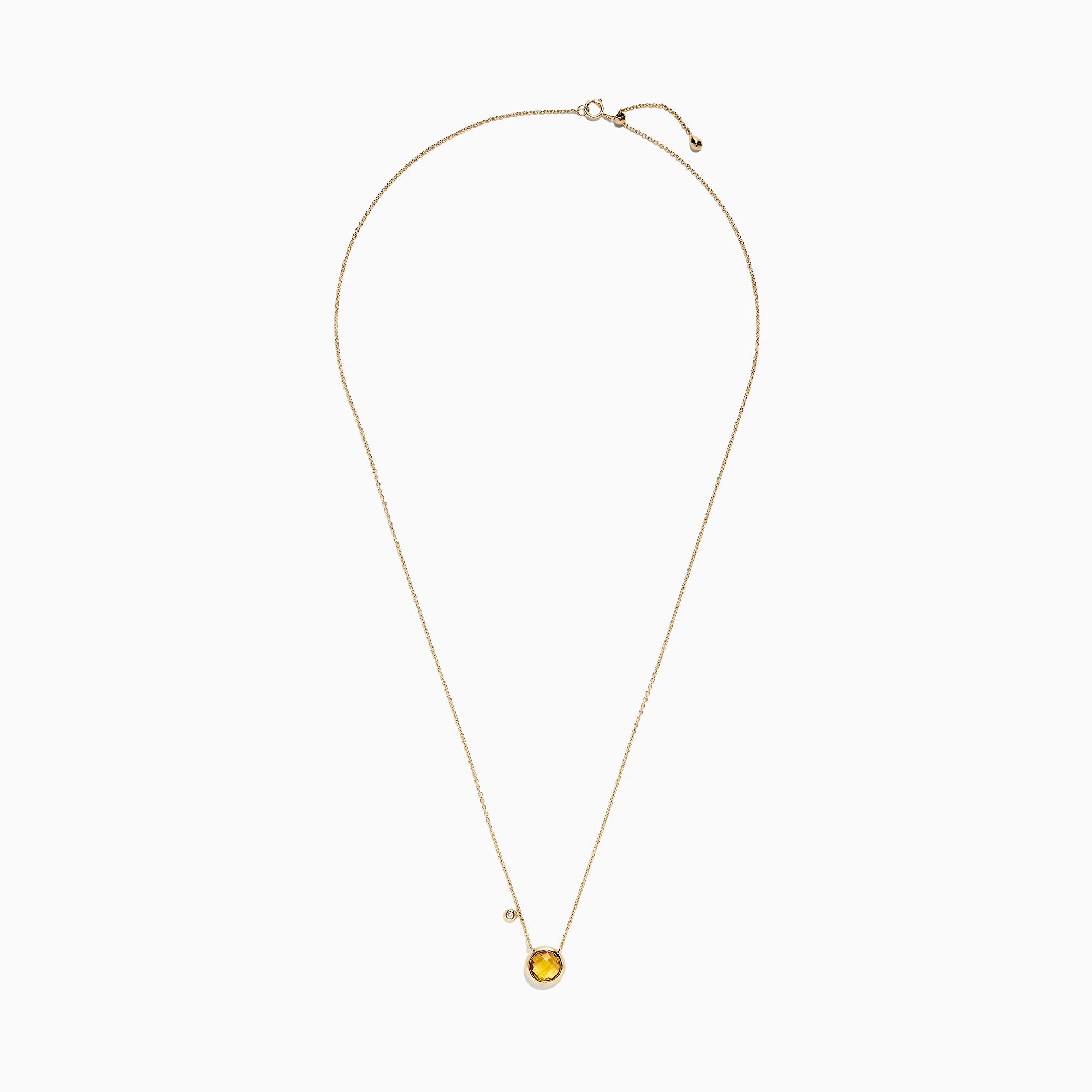 The Sunset 14K Yellow Gold Citrine & Diamond Bolo Chain Necklace (1.53 TCW) features a round citrine pendant accented by a small diamond and is elegantly suspended from a delicate, adjustable gold chain.