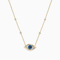 The Novelty 14K Yellow Gold Sapphire and Diamond Evil Eye Necklace features an eye-shaped pendant with a sapphire center, blue stones, and four diamond accents set along a delicate gold chain.
