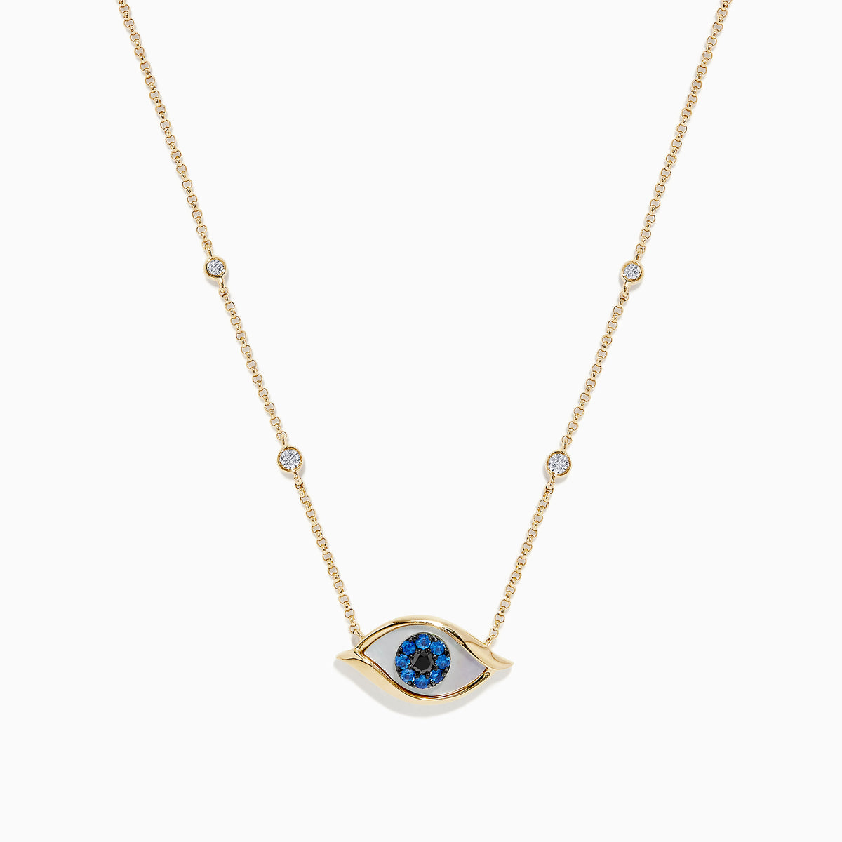The Novelty 14K Yellow Gold Sapphire and Diamond Evil Eye Necklace features an eye-shaped pendant with a sapphire center, blue stones, and four diamond accents set along a delicate gold chain.