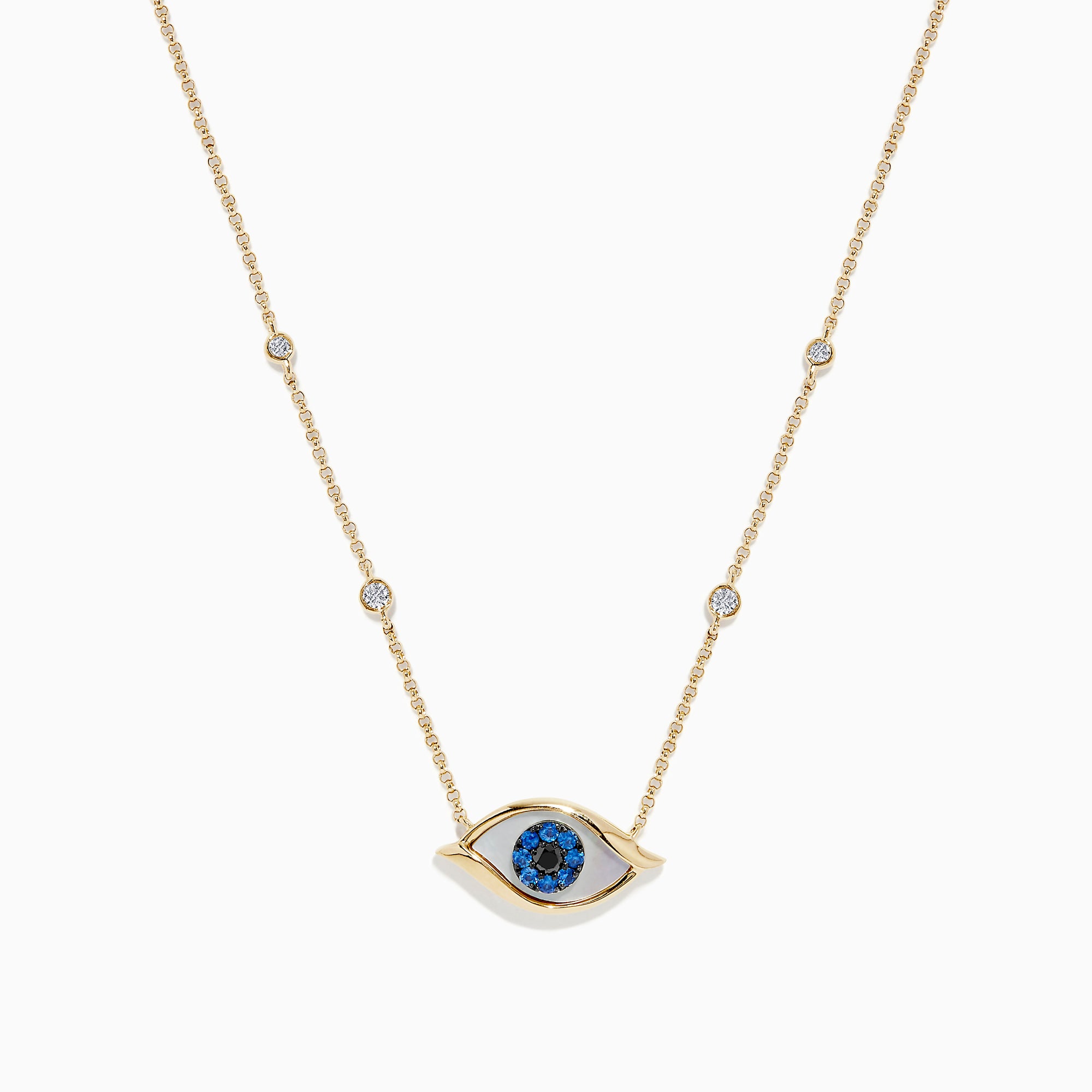 The Novelty 14K Yellow Gold Sapphire and Diamond Evil Eye Necklace features an eye-shaped pendant with a sapphire center, blue stones, and four diamond accents set along a delicate gold chain.