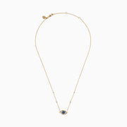 The Novelty 14K Yellow Gold Sapphire and Diamond Evil Eye Necklace features an eye-shaped pendant with a sapphire center, blue stones, and four diamond accents set along a delicate gold chain.