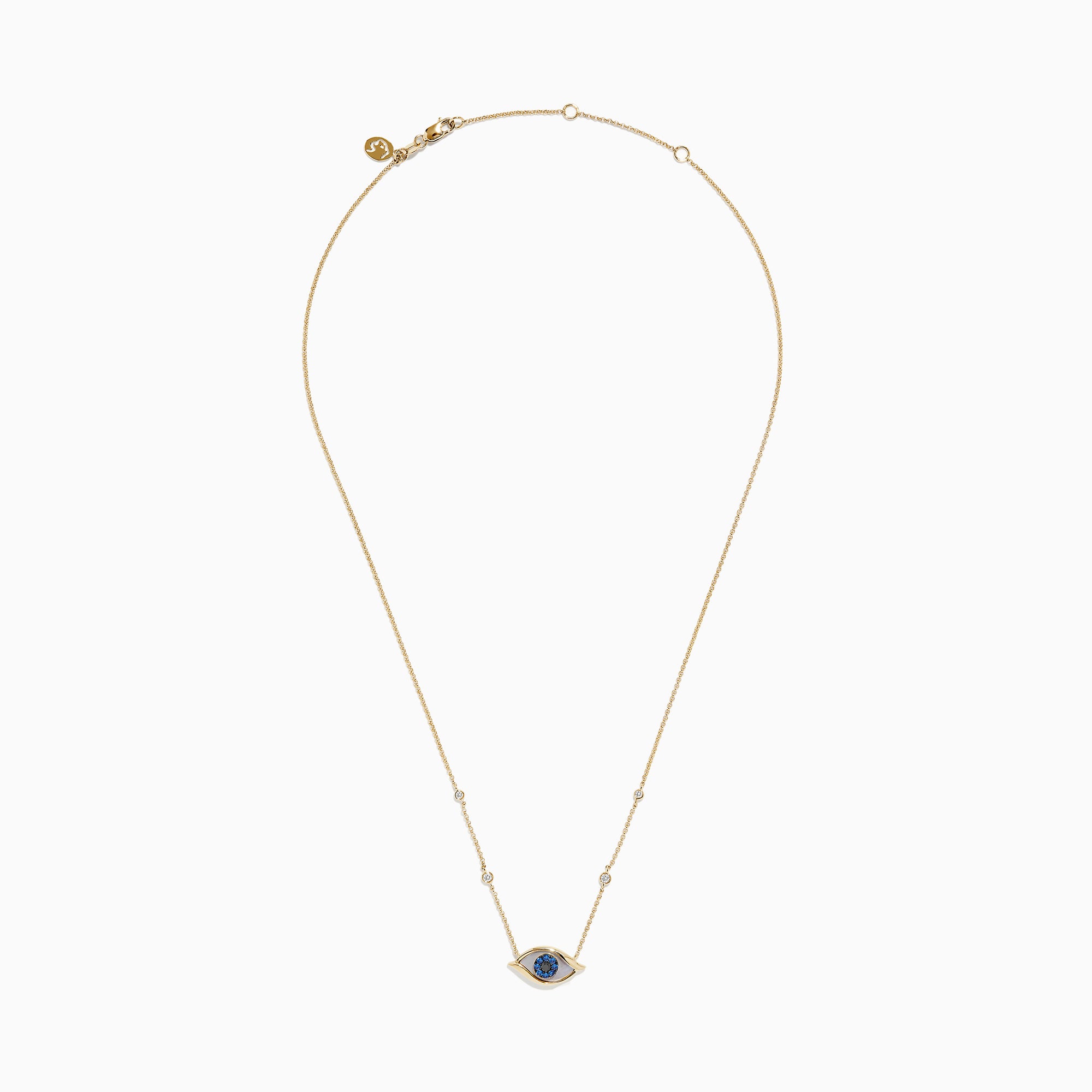 The Novelty 14K Yellow Gold Sapphire and Diamond Evil Eye Necklace features an eye-shaped pendant with a sapphire center, blue stones, and four diamond accents set along a delicate gold chain.