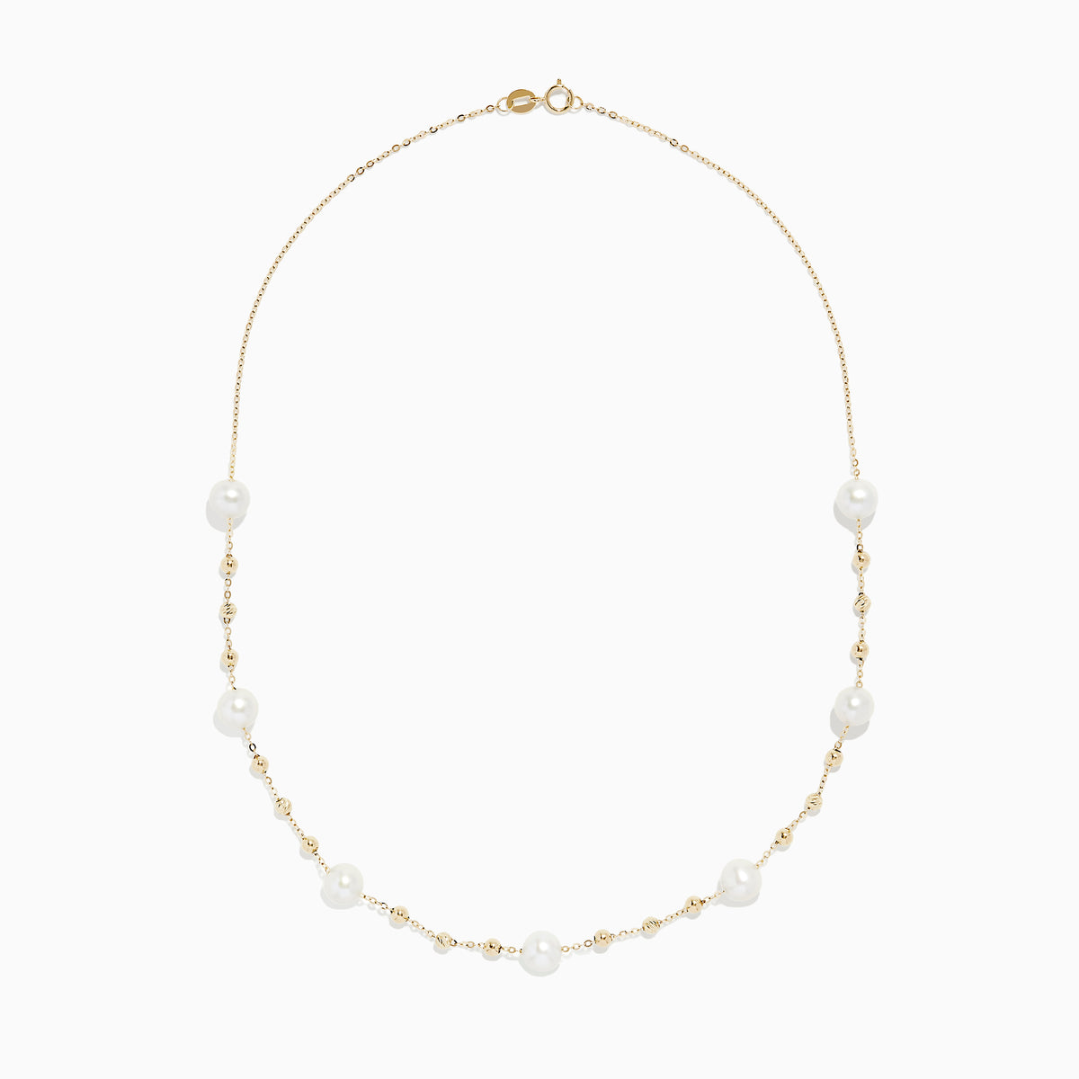 The 14K Yellow Gold 16 Pearl Station Necklace showcases evenly spaced white pearls and gold beads along a delicate chain.