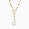The 14K Gold Cultured Fresh Water Pearl Paperclip Chain Necklace features elongated links and a round pearl-like pendant, offering a minimalistic and elegant design, showcased against a plain white background.