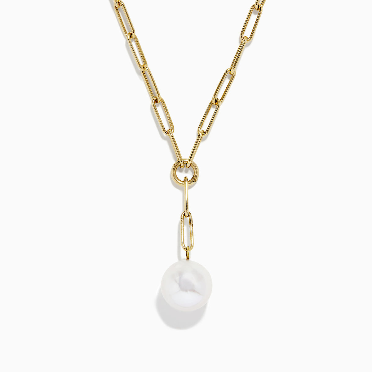 The 14K Gold Cultured Fresh Water Pearl Paperclip Chain Necklace features elongated links and a round pearl-like pendant, offering a minimalistic and elegant design, showcased against a plain white background.