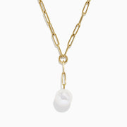 The 14K Gold Cultured Fresh Water Pearl Paperclip Chain Necklace features elongated links and a round pearl-like pendant, offering a minimalistic and elegant design, showcased against a plain white background.