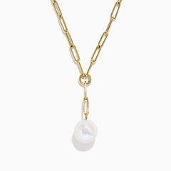 The 14K Gold Cultured Fresh Water Pearl Paperclip Chain Necklace features elongated links and a round pearl-like pendant, offering a minimalistic and elegant design, showcased against a plain white background.
