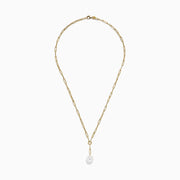 The 14K Gold Cultured Fresh Water Pearl Paperclip Chain Necklace features elongated links and a round pearl-like pendant, offering a minimalistic and elegant design, showcased against a plain white background.
