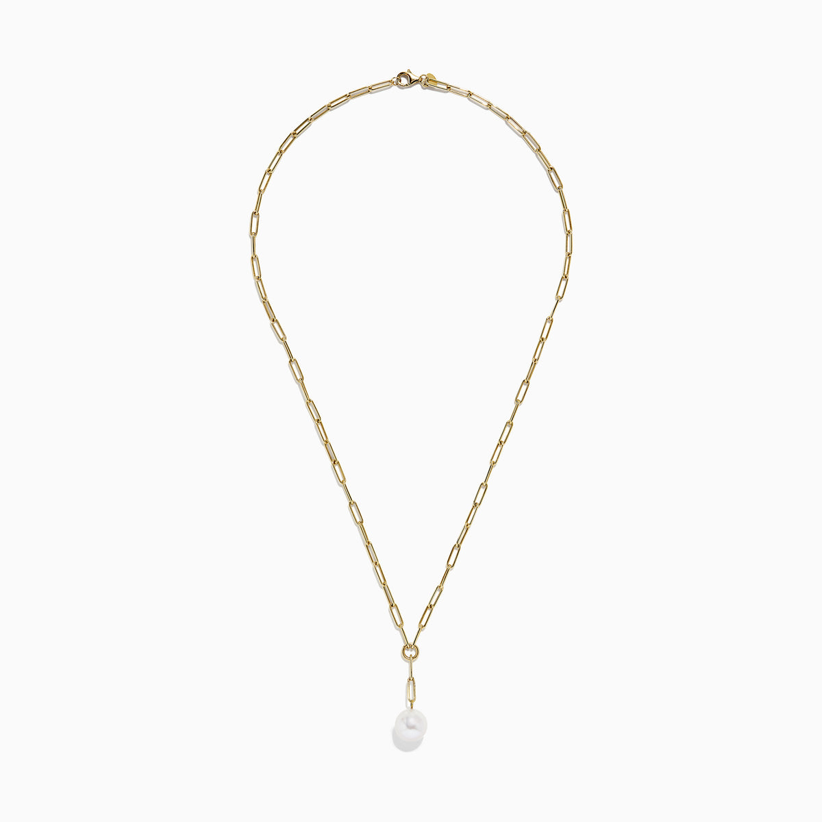 The 14K Gold Cultured Fresh Water Pearl Paperclip Chain Necklace features elongated links and a round pearl-like pendant, offering a minimalistic and elegant design, showcased against a plain white background.