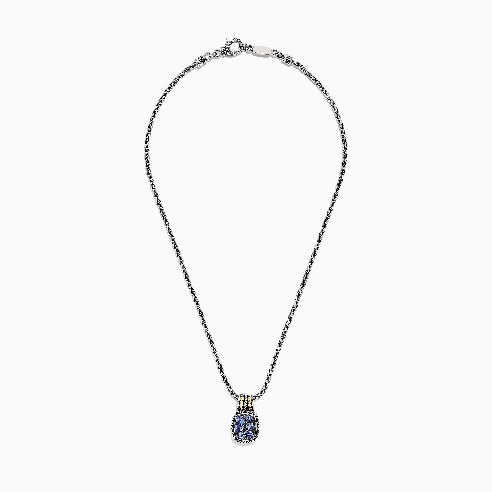 The Nahla Siri Silver & 18K Gold Tanzanite Pendant, 1.85 TCW, features a silver chain and a rectangular pendant with four blue tanzanites set in a decorative frame, accented by 18K gold at the top.