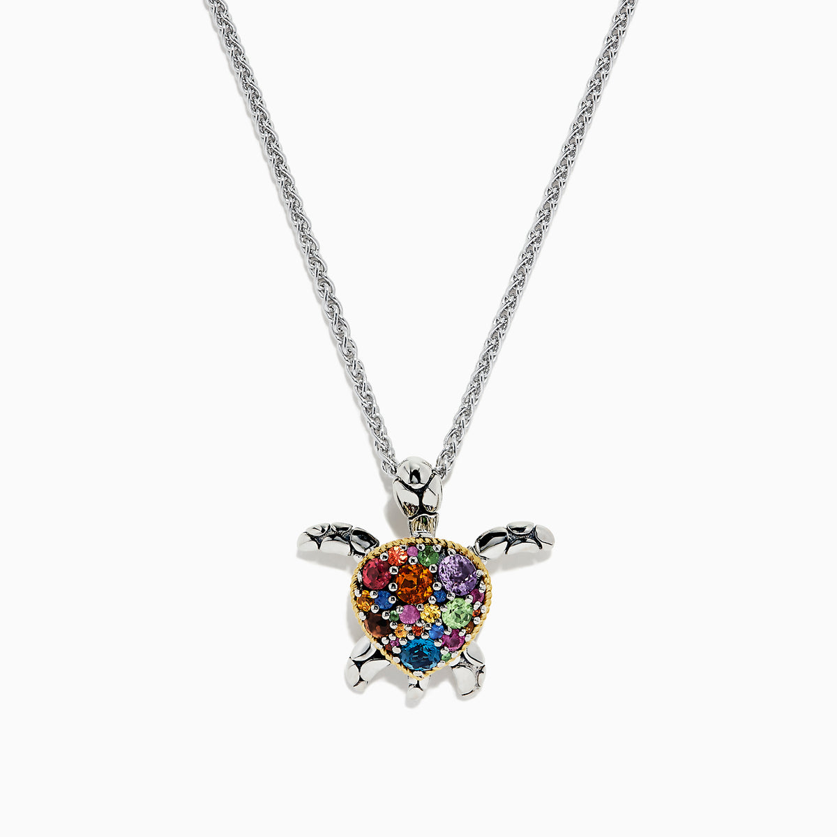 The Seaside Sterling Silver Multi Gemstone Turtle Pendant (2.00 TCW) features a heart-shaped shell on a silver chain, showcased against a white background.