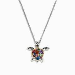 The Seaside Sterling Silver Multi Gemstone Turtle Pendant (2.00 TCW) features a heart-shaped shell on a silver chain, showcased against a white background.