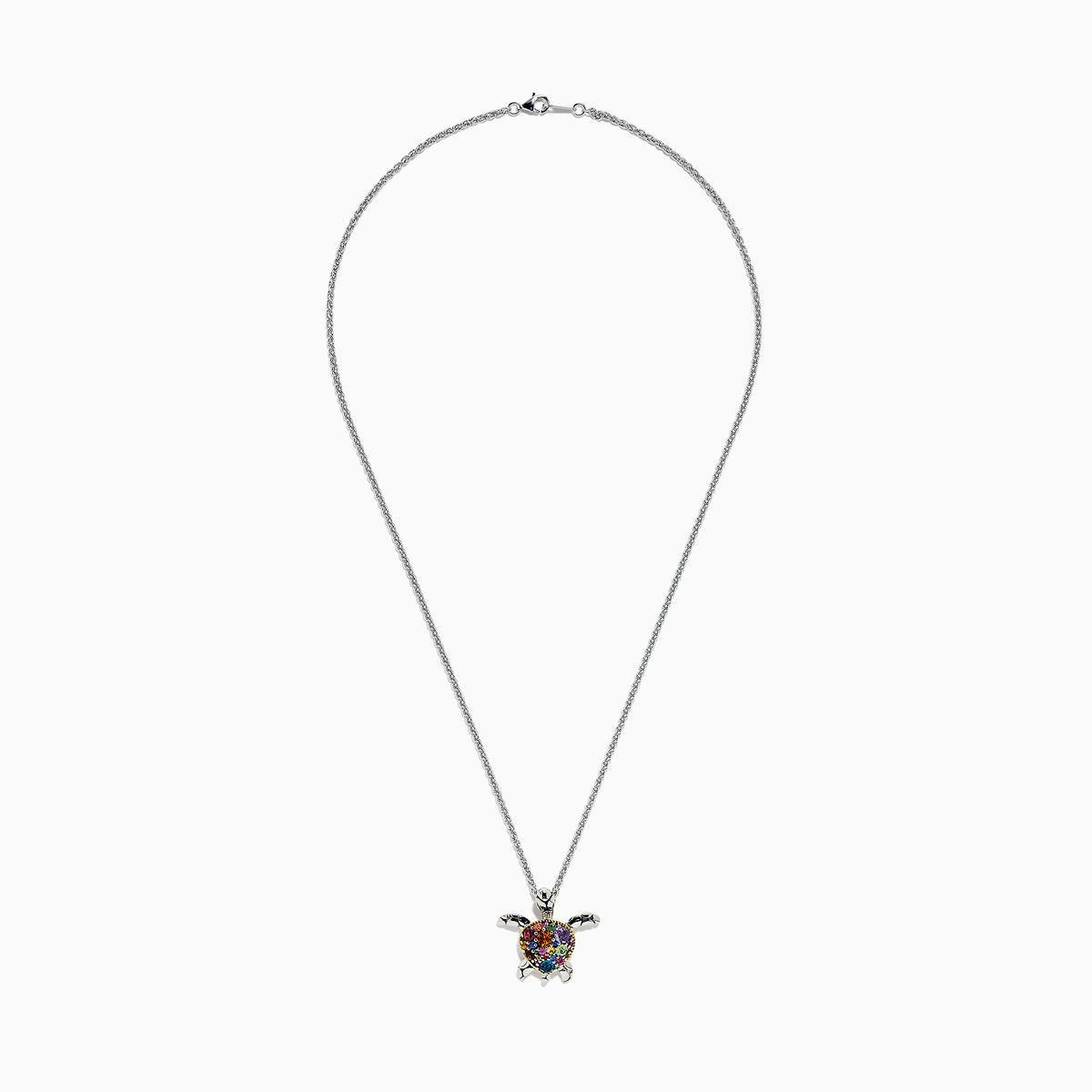 The Seaside Sterling Silver Multi Gemstone Turtle Pendant (2.00 TCW) features a heart-shaped shell on a silver chain, showcased against a white background.