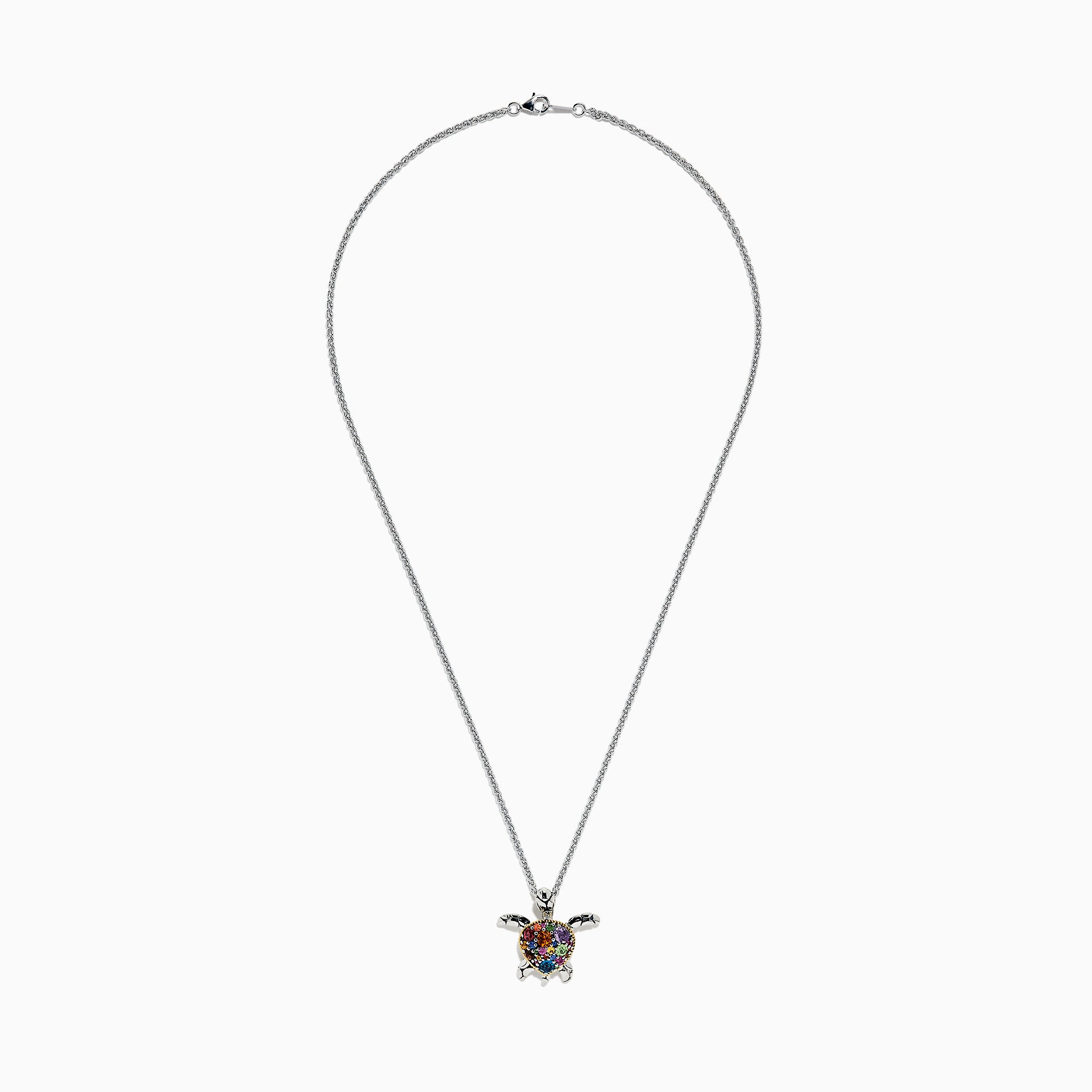The Seaside Sterling Silver Multi Gemstone Turtle Pendant (2.00 TCW) features a heart-shaped shell on a silver chain, showcased against a white background.